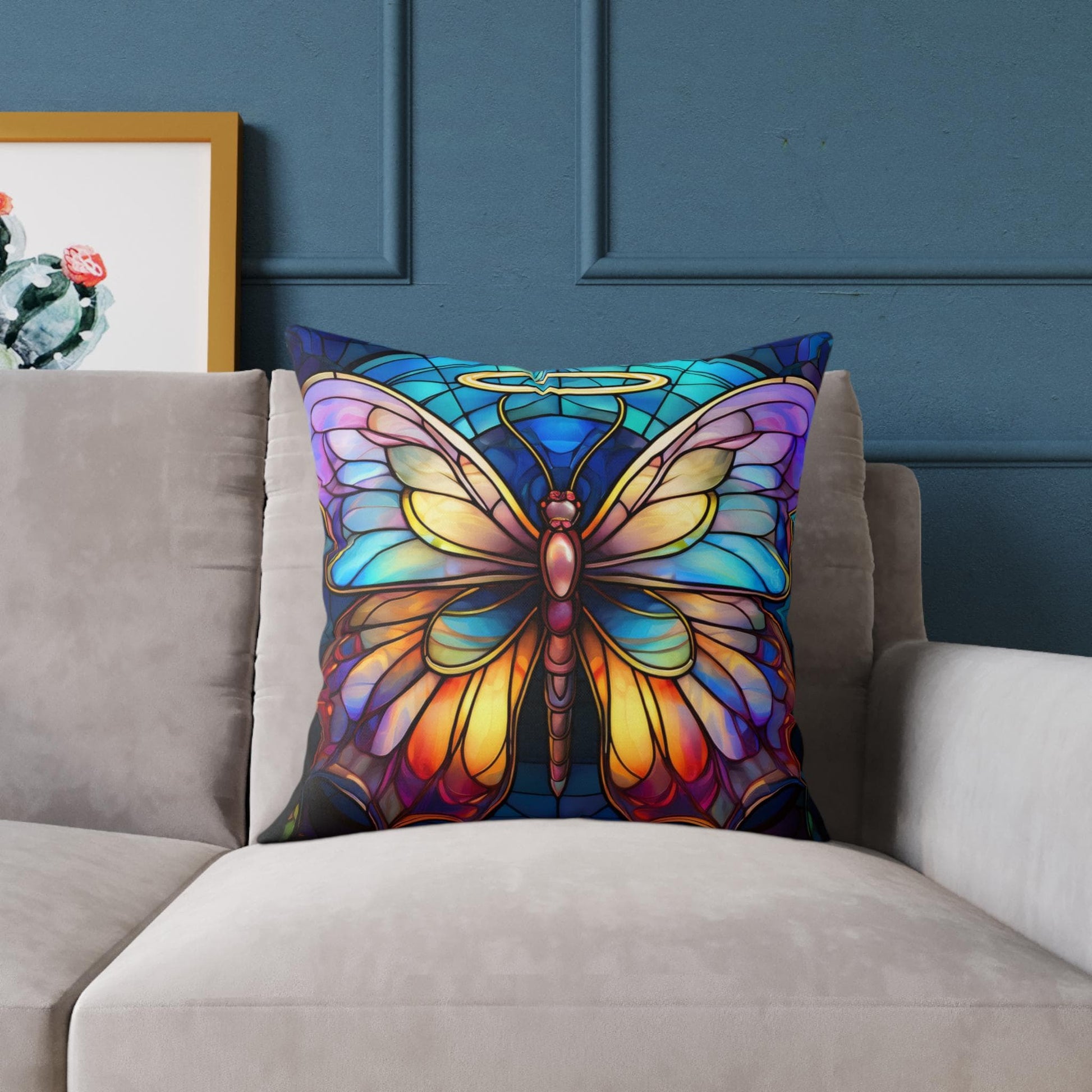 Colorful Halo Butterfly Stained Glass Pillow, Home Decor, Gift for Nature Lovers, Boho Style Cushion, Living Room Accent, Butterfly Art