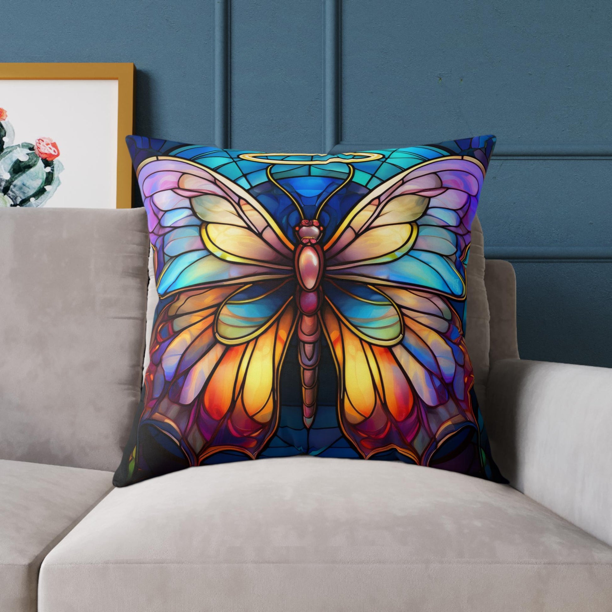 Colorful Halo Butterfly Stained Glass Pillow, Home Decor, Gift for Nature Lovers, Boho Style Cushion, Living Room Accent, Butterfly Art