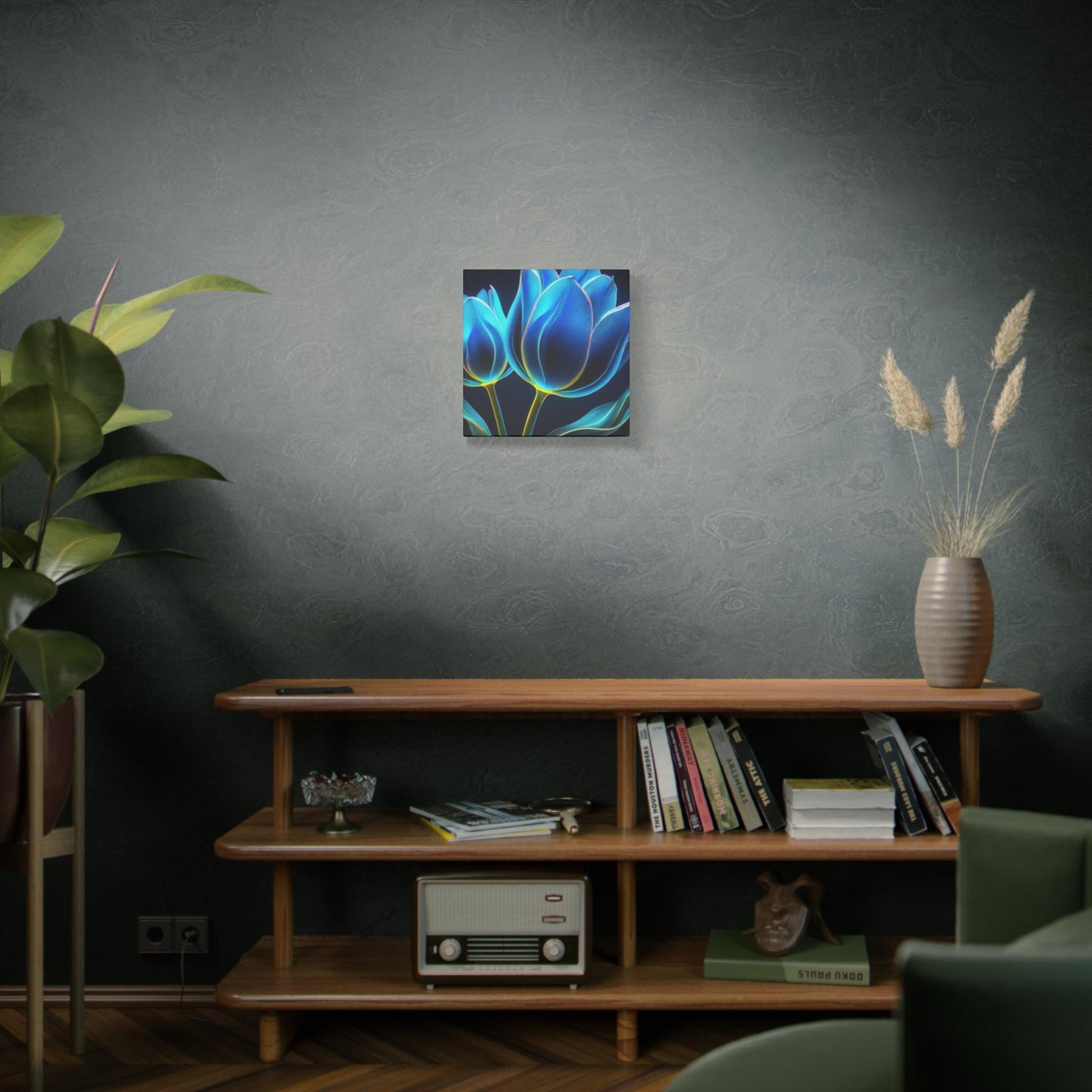 Bold Blue Tulip Canvas Wall Art, Flower Print Decor, Home Gallery Display, Gift for Flower Lovers, Halo Butterfly, Colorful Floral Artwork