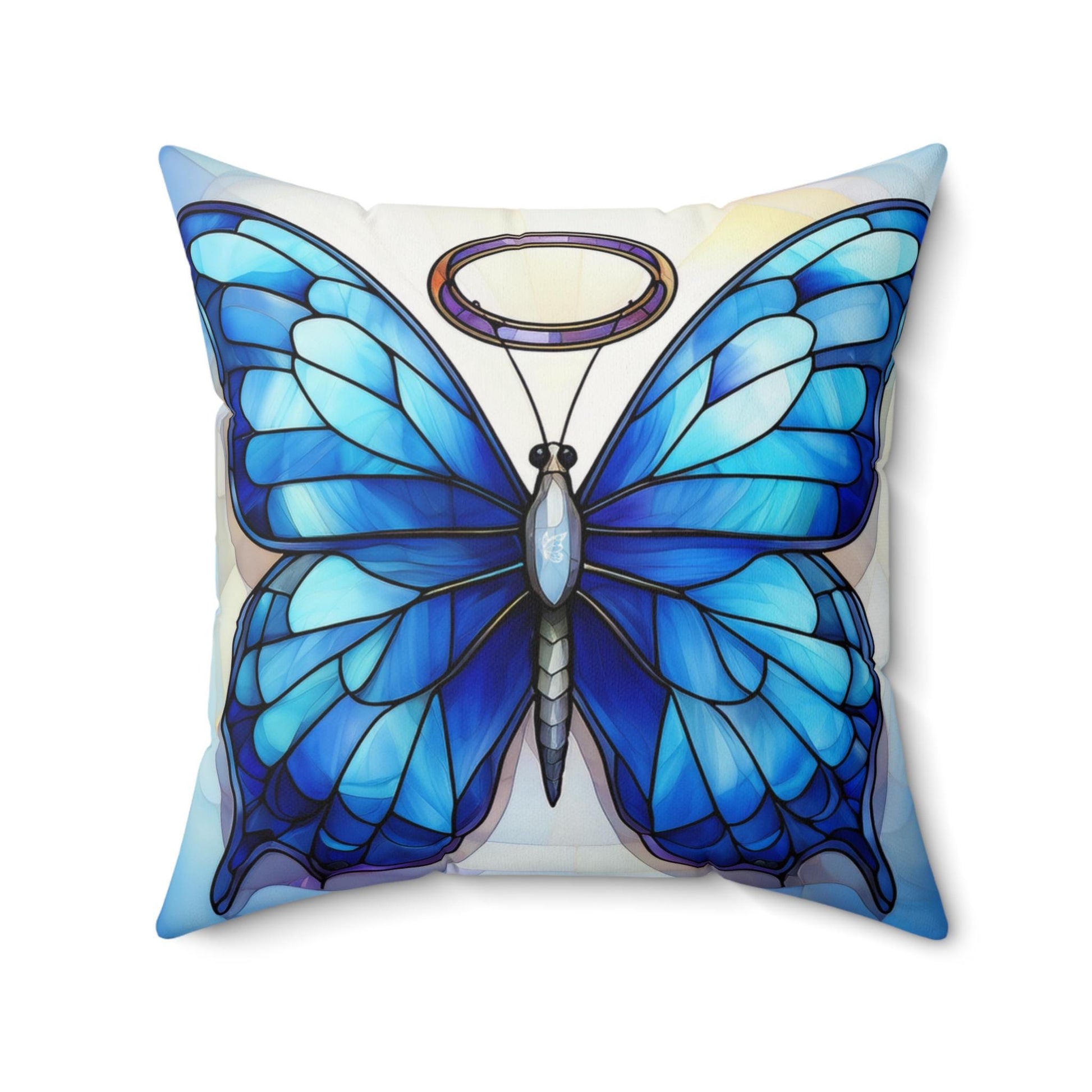 Blue Stained Glass Halo Butterfly Faux Suede Square Pillow Decorative Cushion, Cozy Home Accent, Butterfly Decor, Modern Sofa Pillow