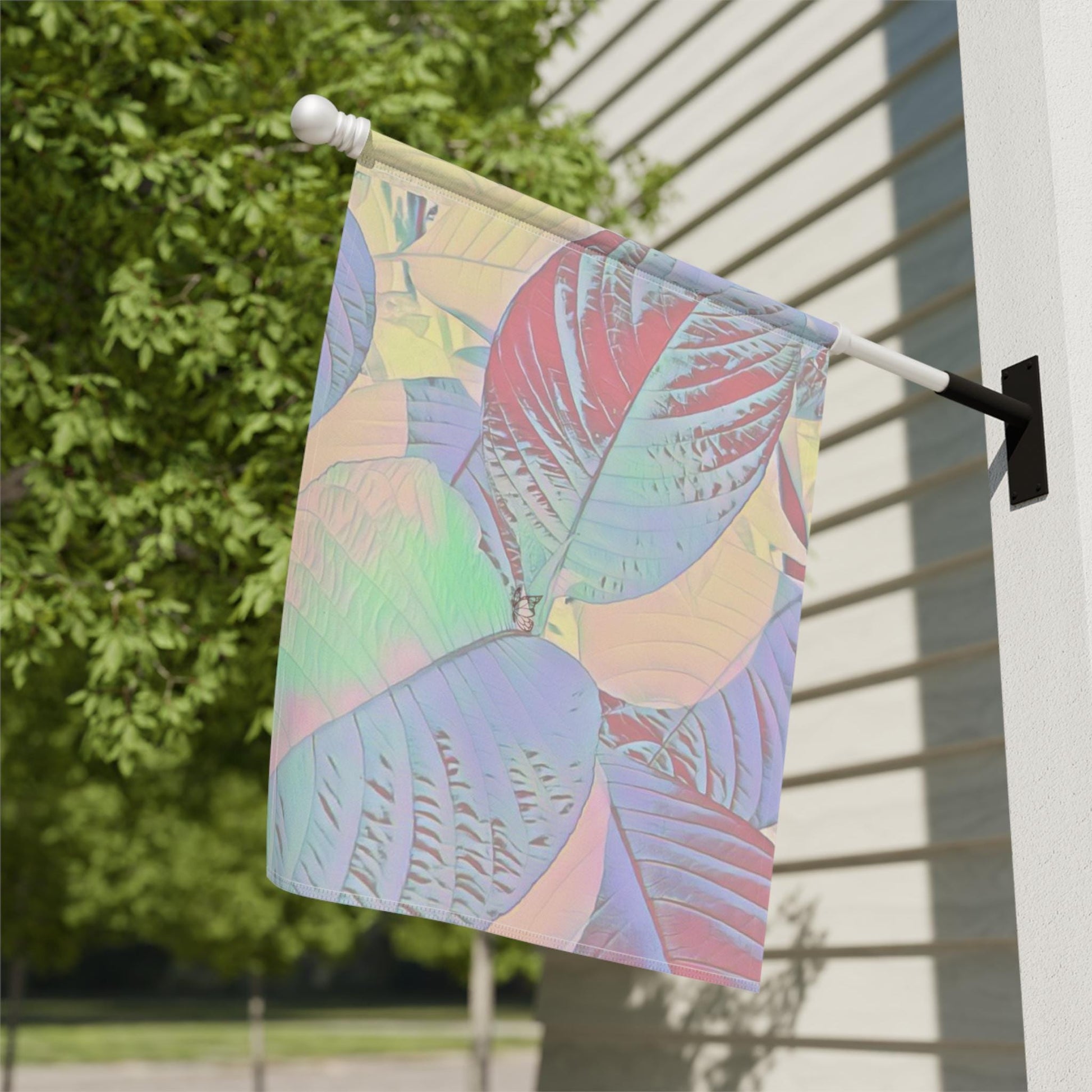 Colorful Botanical Leaves Garden & House Banner, Vibrant Garden Flag, Outdoor Decoration, Halo Butterfly, Nature Inspired Banner