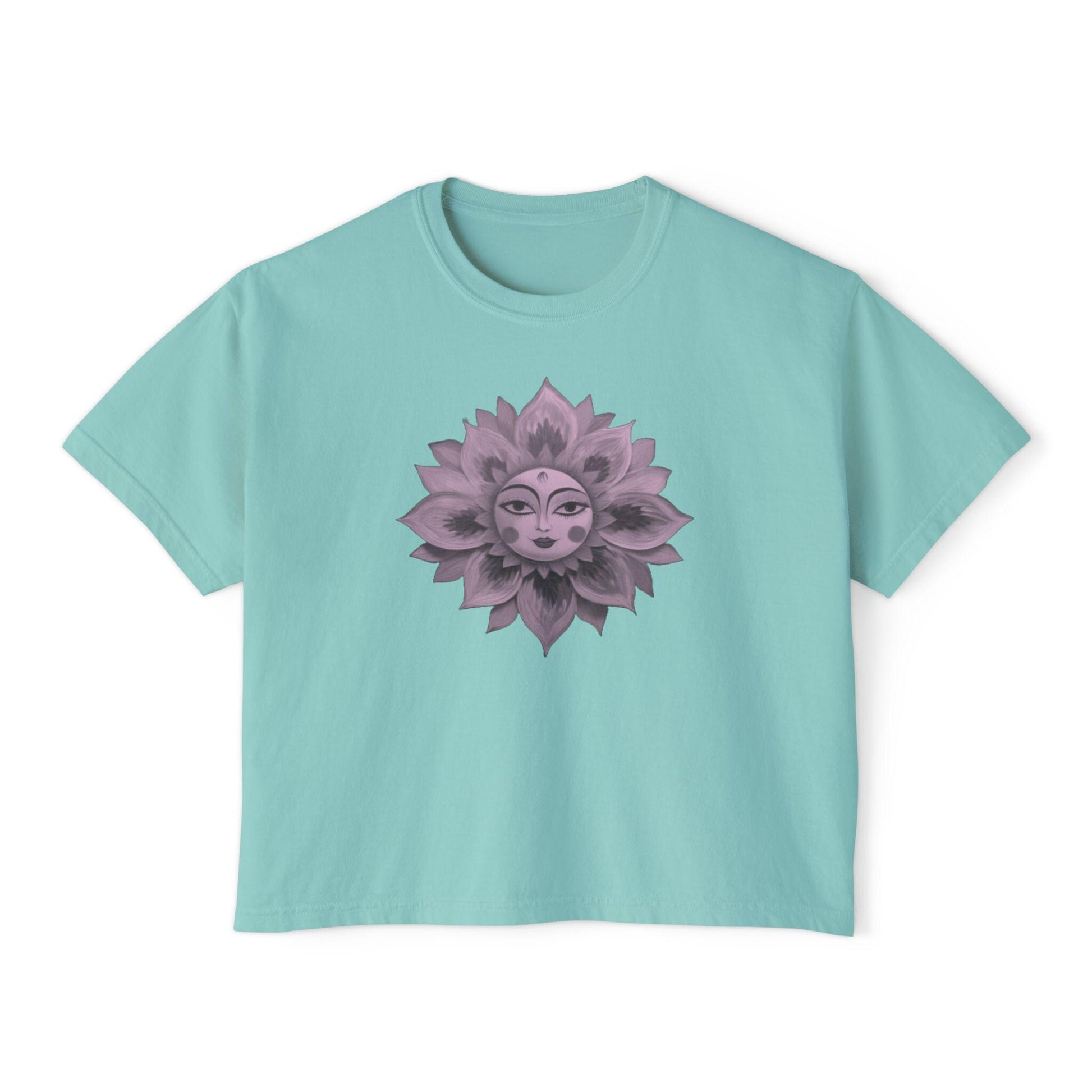 Boho Sun Flowers Graphic Boxy Tee - Relaxed Fit Women's Top, Casual Summer Outfit, Festival Wear, Gift for Her, Sun Lover Shirt