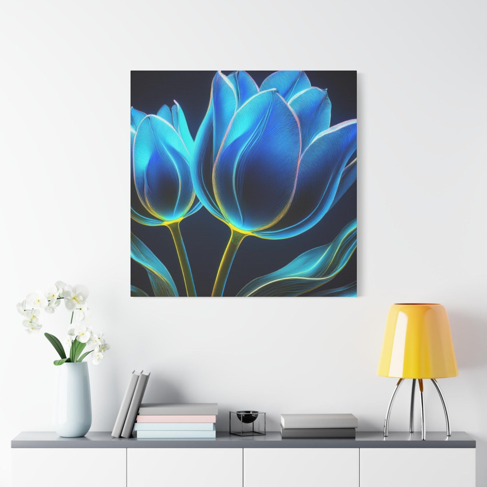 Bold Blue Tulip Canvas Wall Art, Flower Print Decor, Home Gallery Display, Gift for Flower Lovers, Halo Butterfly, Colorful Floral Artwork