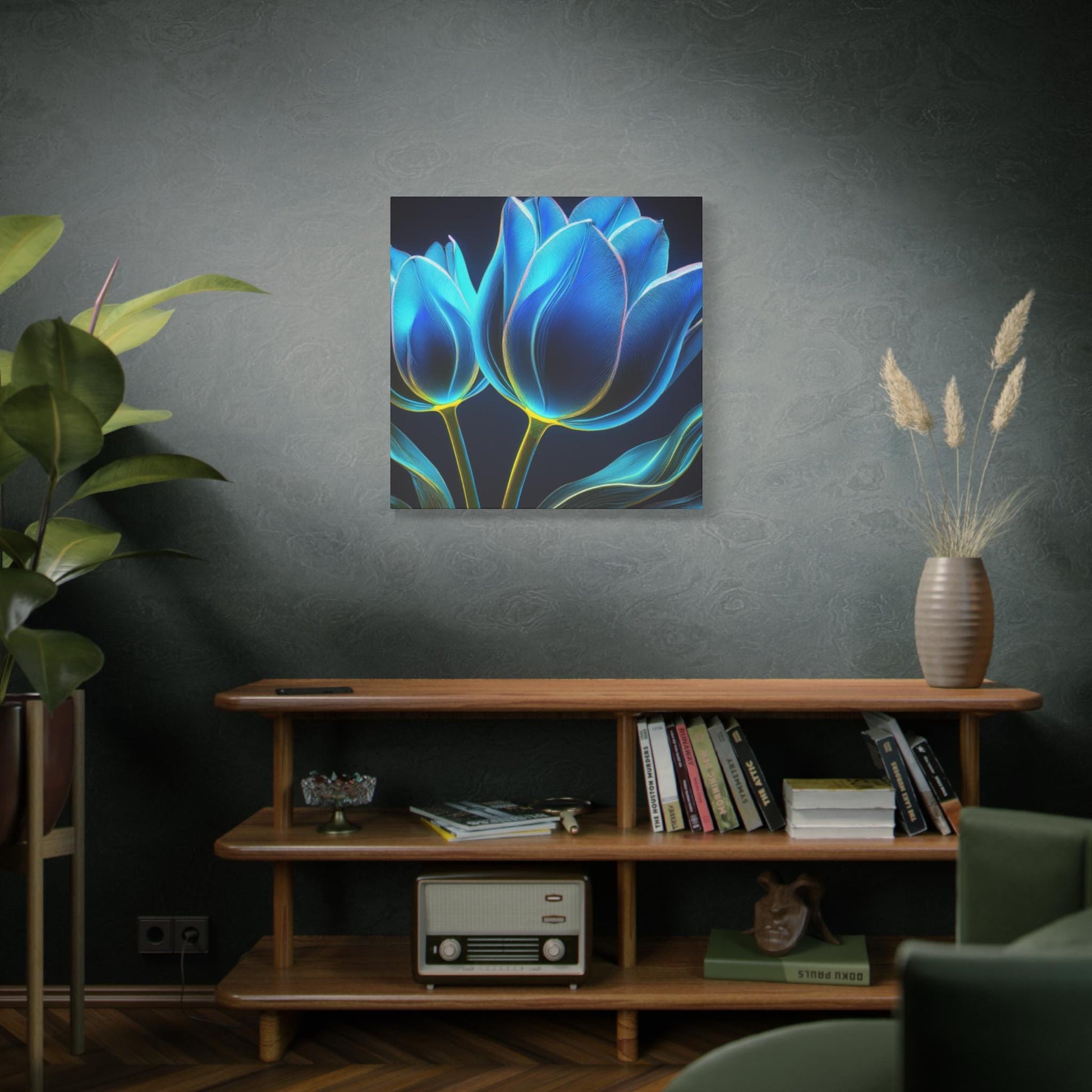 Bold Blue Tulip Canvas Wall Art, Flower Print Decor, Home Gallery Display, Gift for Flower Lovers, Halo Butterfly, Colorful Floral Artwork