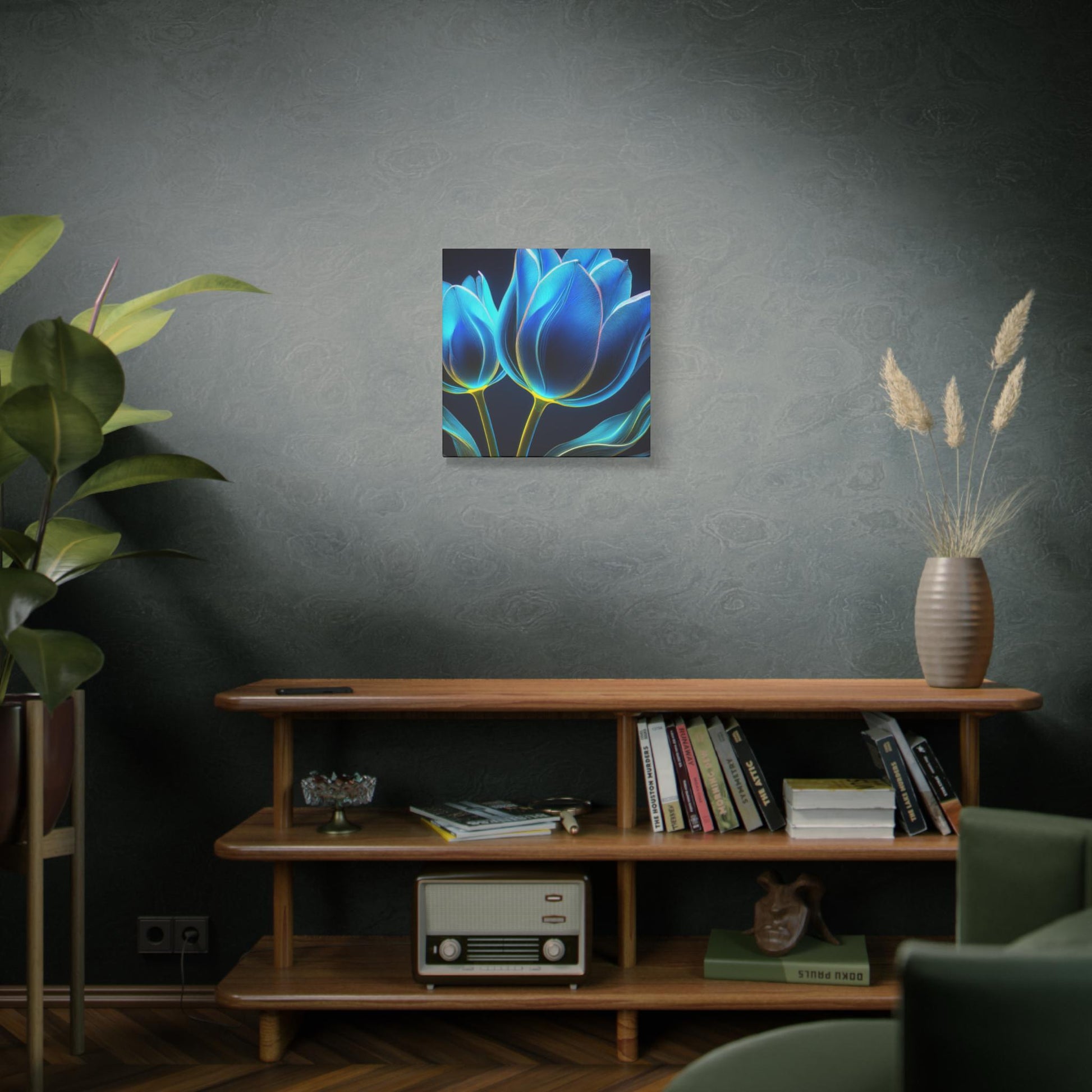 Bold Blue Tulip Canvas Wall Art, Flower Print Decor, Home Gallery Display, Gift for Flower Lovers, Halo Butterfly, Colorful Floral Artwork