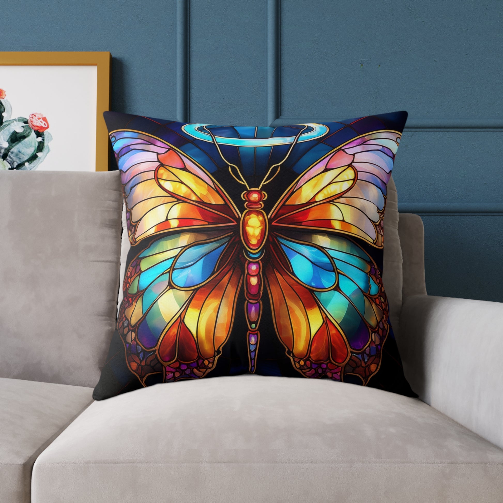 Colorful Halo Butterfly Stained Glass Pillow, Home Decor, Gift for Nature Lovers, Boho Style Cushion, Living Room Accent, Butterfly Art