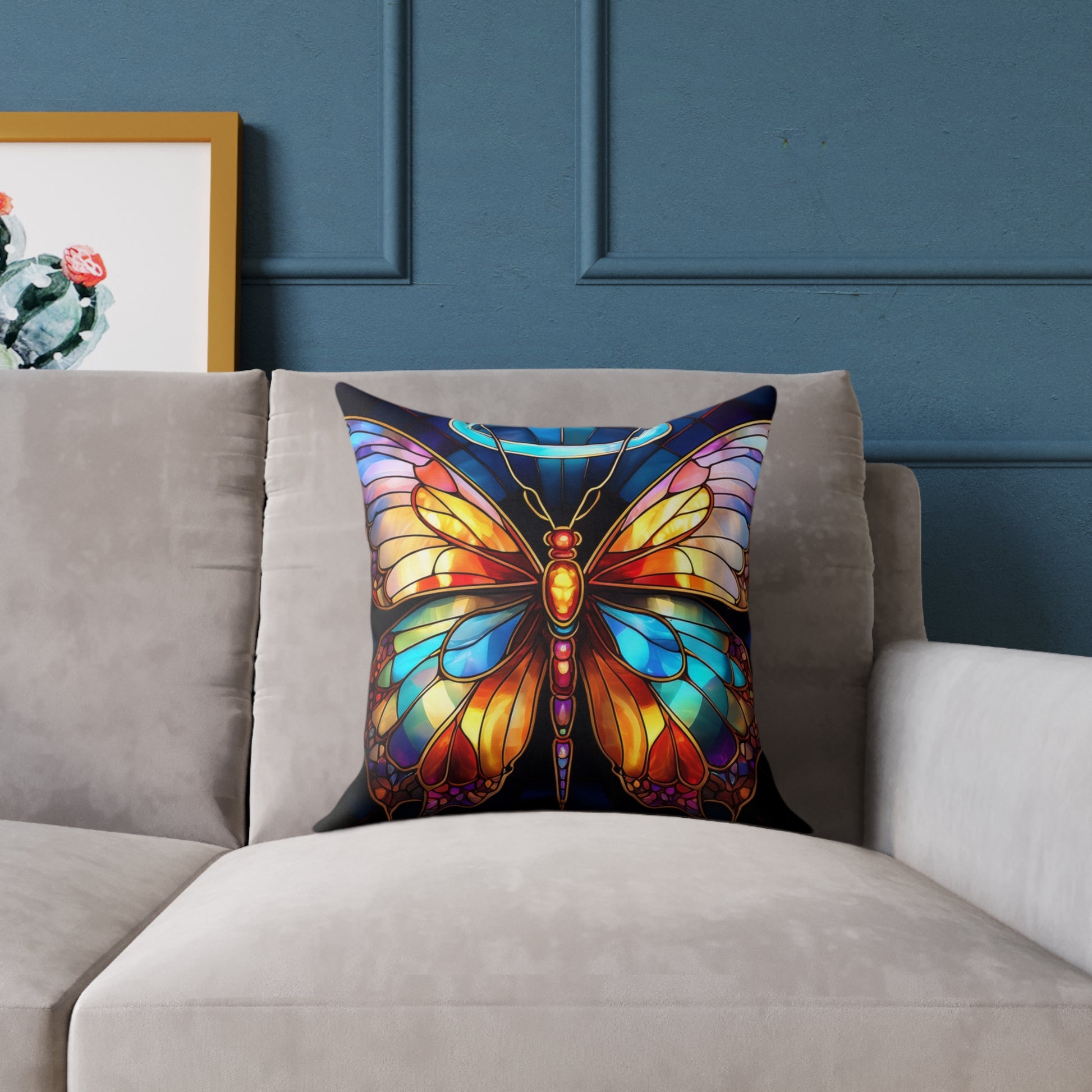 Colorful Halo Butterfly Stained Glass Pillow, Home Decor, Gift for Nature Lovers, Boho Style Cushion, Living Room Accent, Butterfly Art