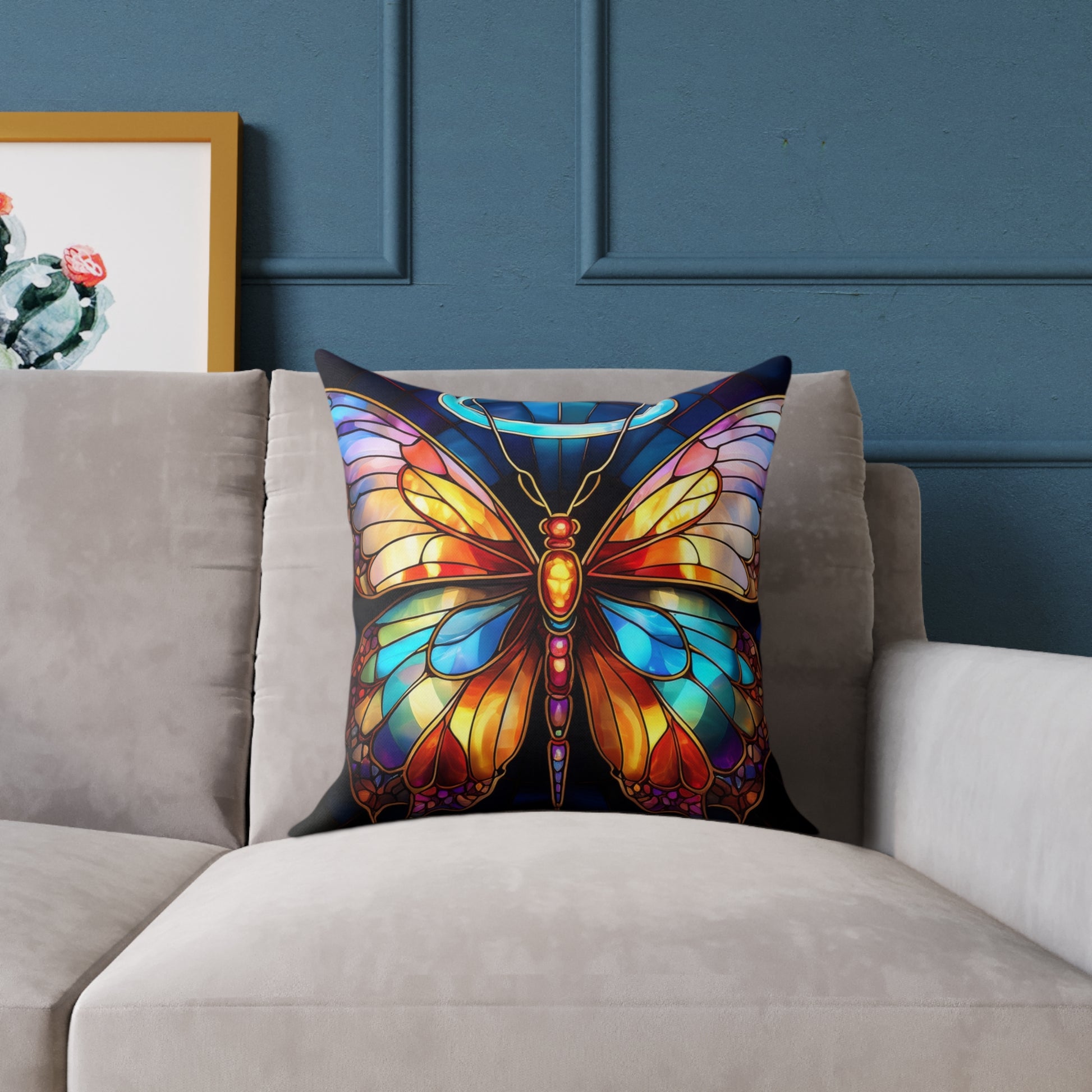 Colorful Halo Butterfly Stained Glass Pillow, Home Decor, Gift for Nature Lovers, Boho Style Cushion, Living Room Accent, Butterfly Art
