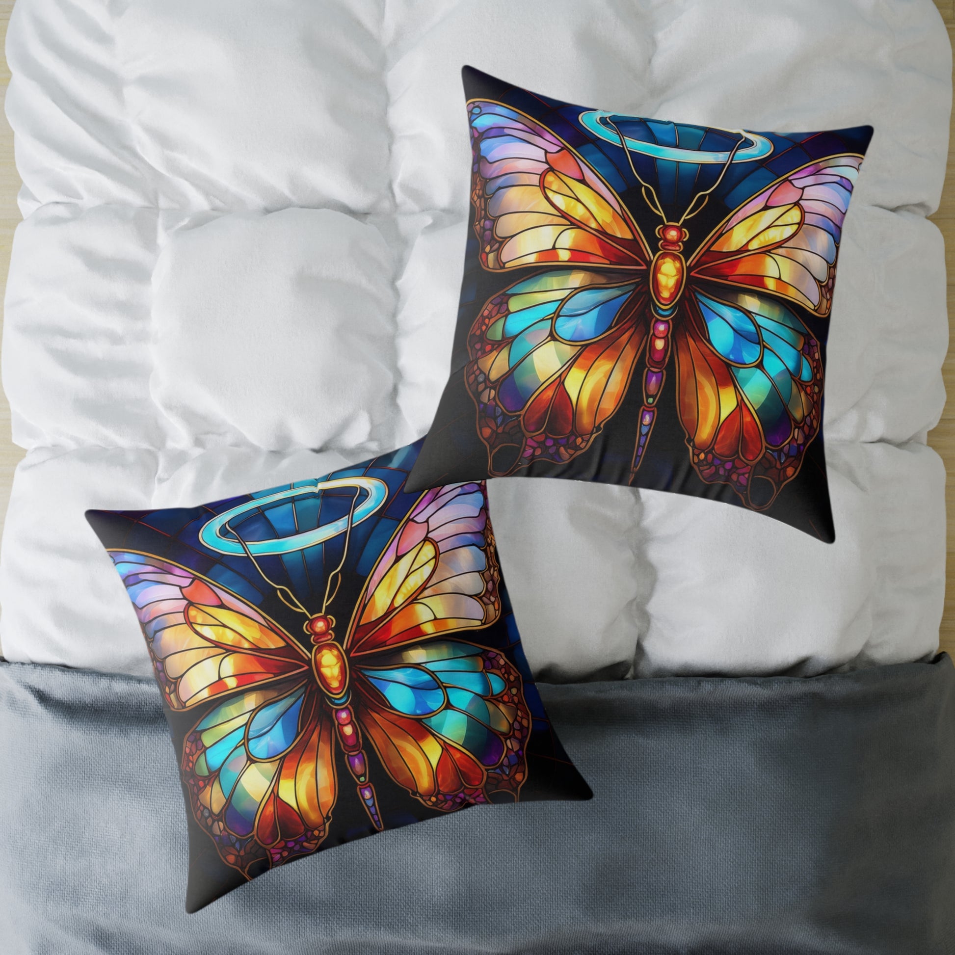Colorful Halo Butterfly Stained Glass Pillow, Home Decor, Gift for Nature Lovers, Boho Style Cushion, Living Room Accent, Butterfly Art