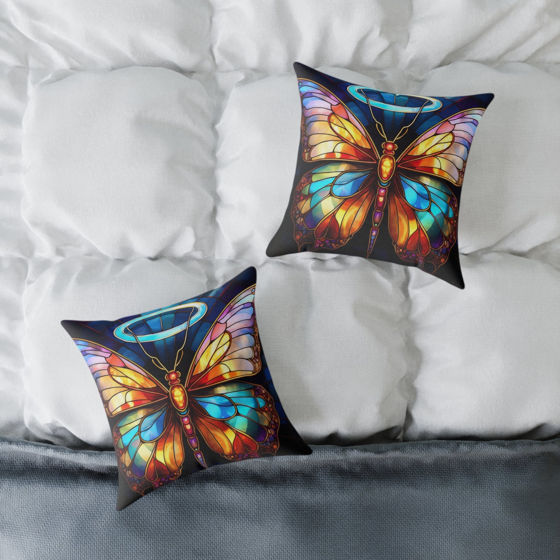 Colorful Halo Butterfly Stained Glass Pillow, Home Decor, Gift for Nature Lovers, Boho Style Cushion, Living Room Accent, Butterfly Art