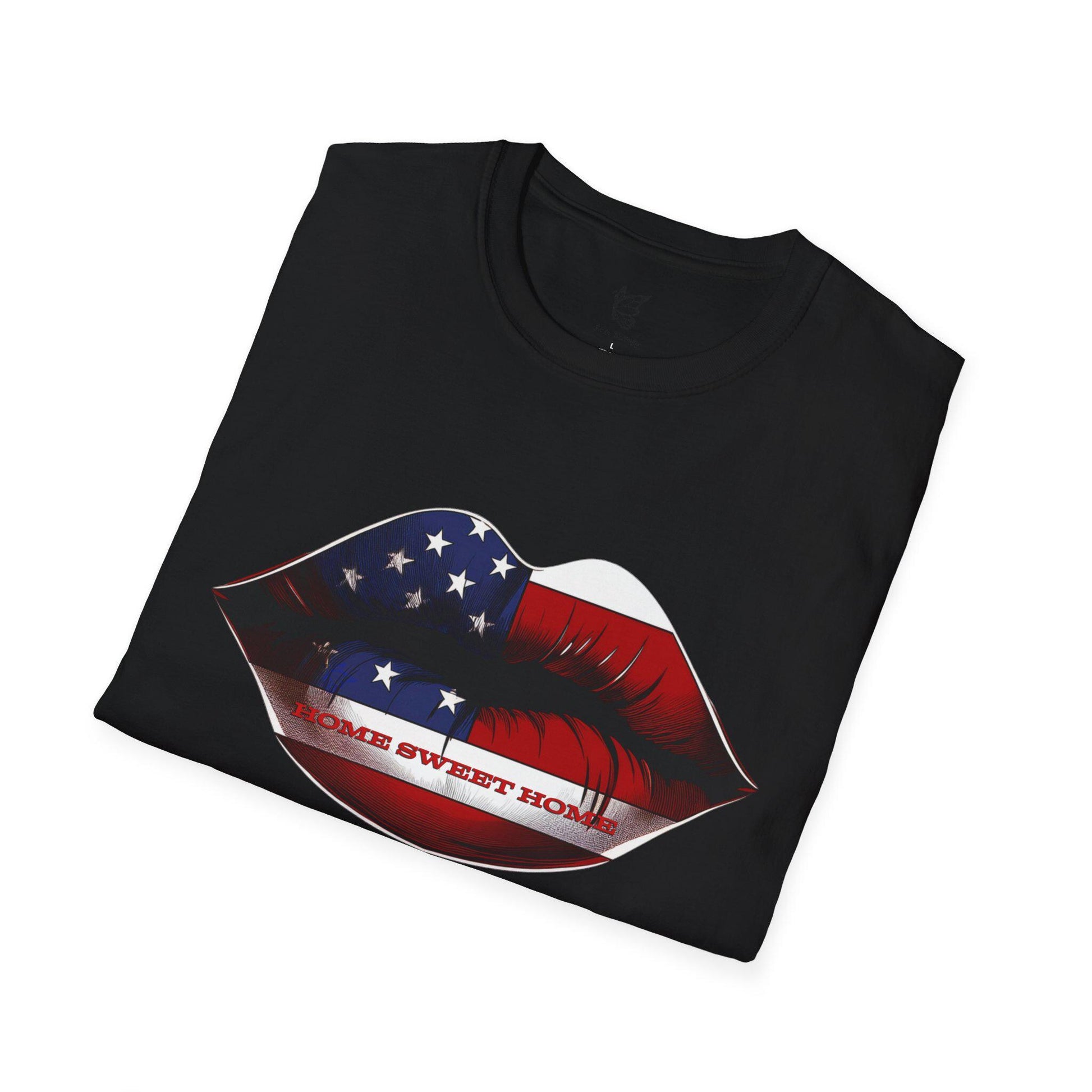 Patriotic U.S.A. Lip Home Sweet Home - Unisex Softstyle T-Shirt, USA Pride Shirt, Made in America Tee, Halo Butterfly,  Independence Vintage