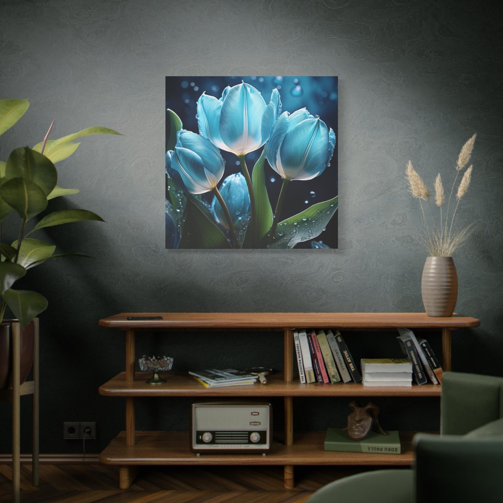 Beautiful Blue Tulip Canvas Art, Floral Wall Decor, Home Accents, Gift for Her, Nature Inspired Art, Halo Butterfly, Modern Flower Print