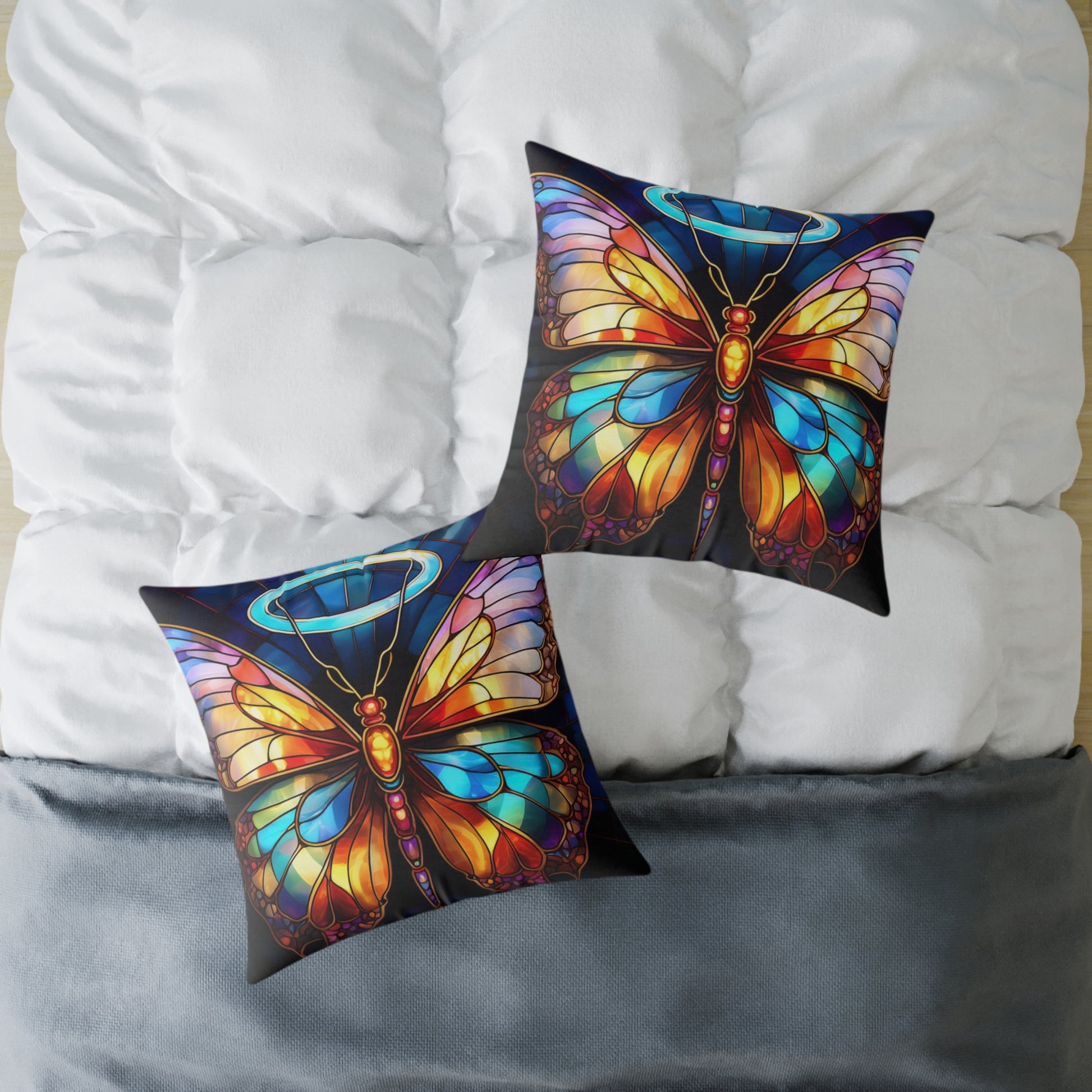Colorful Halo Butterfly Stained Glass Pillow, Home Decor, Gift for Nature Lovers, Boho Style Cushion, Living Room Accent, Butterfly Art