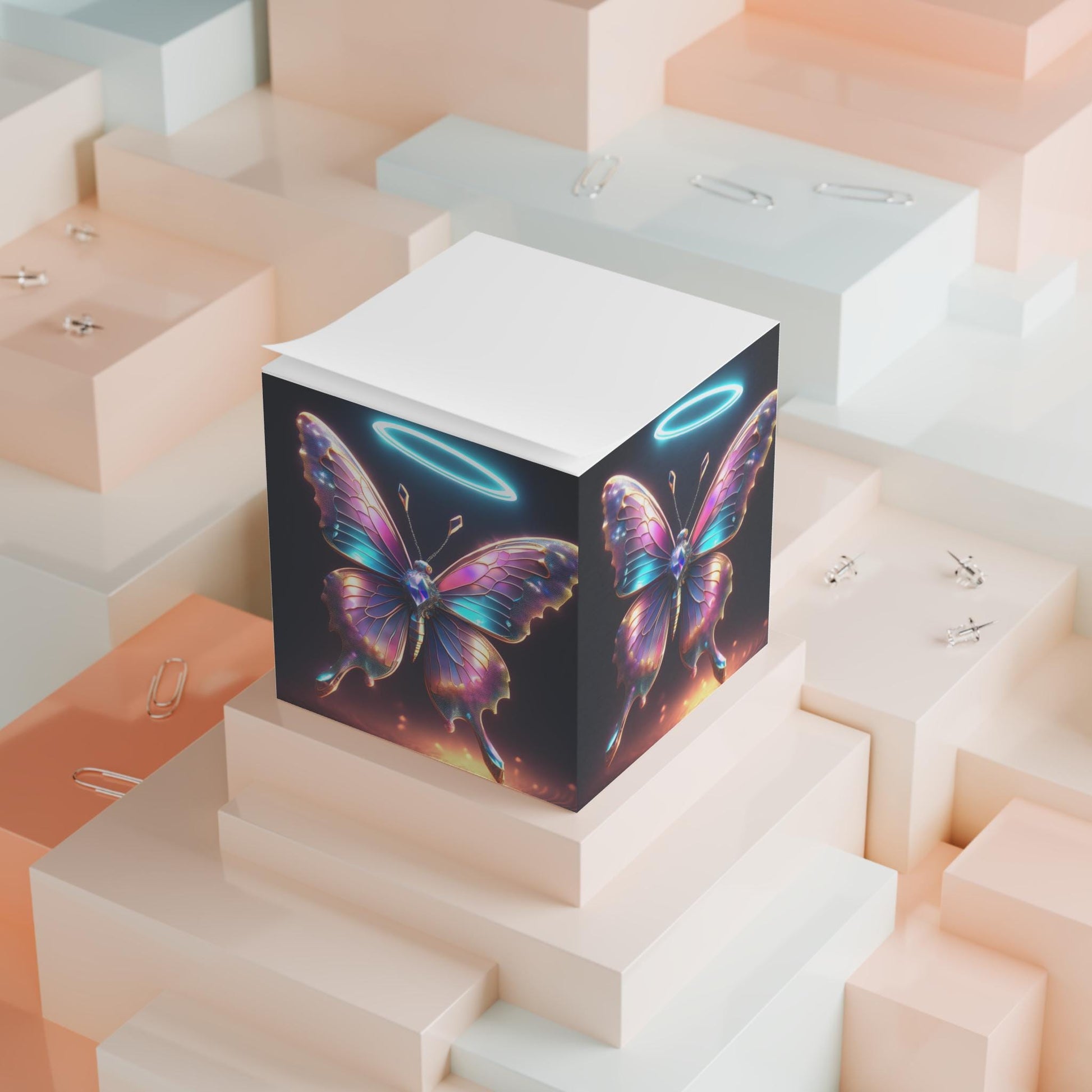 Colorful Dancing Halo Butterfly Note Cube with Halo Design, Inspirational Memo Pad, Gift for Writers, Office Decor, Easter, Angelic Vibes