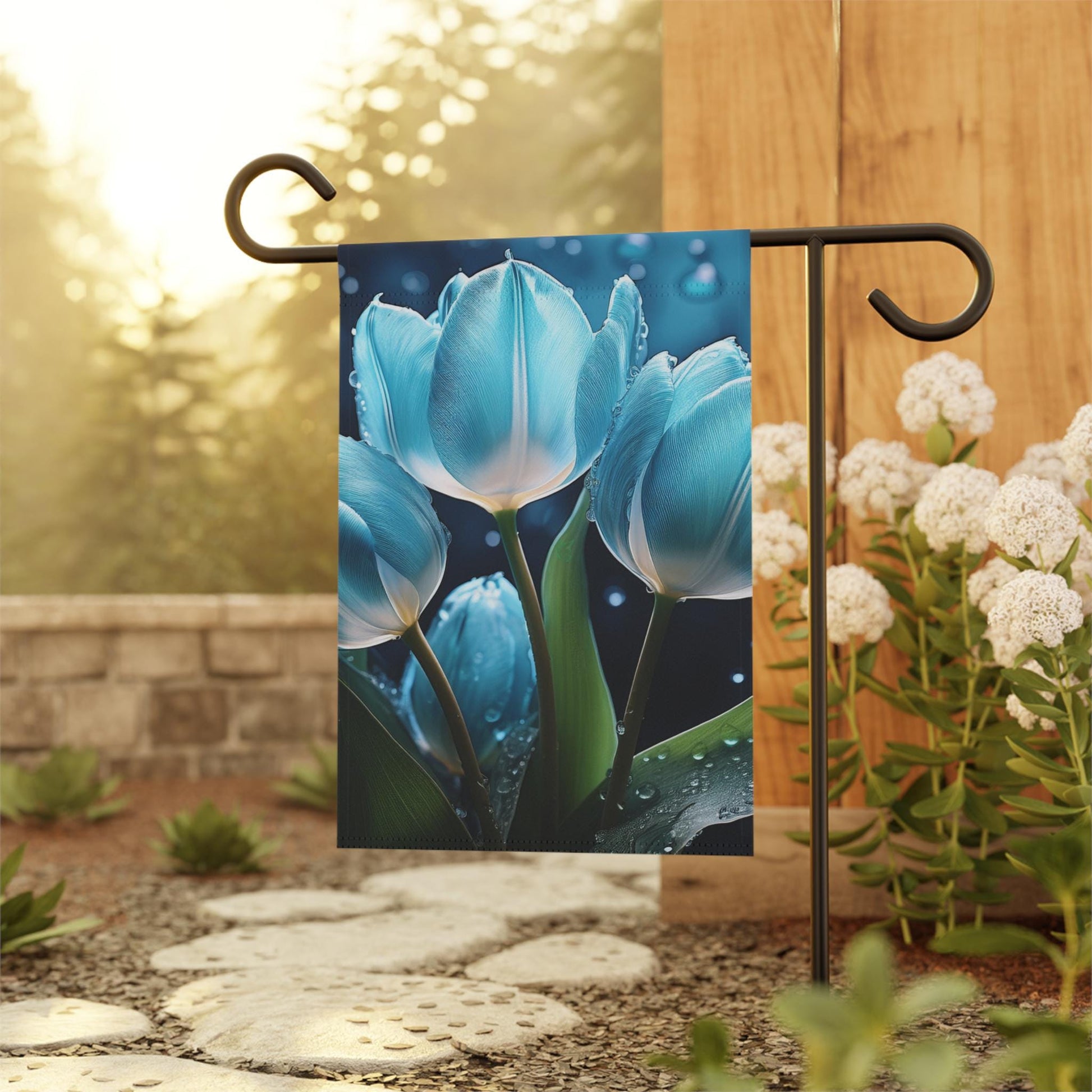 Chic Blue Tulip Garden Banner, Floral Outdoor Decor, Housewarming Gift, Spring Celebrations, Halo Butterfly, Yard Sign, Elegant Garden Art