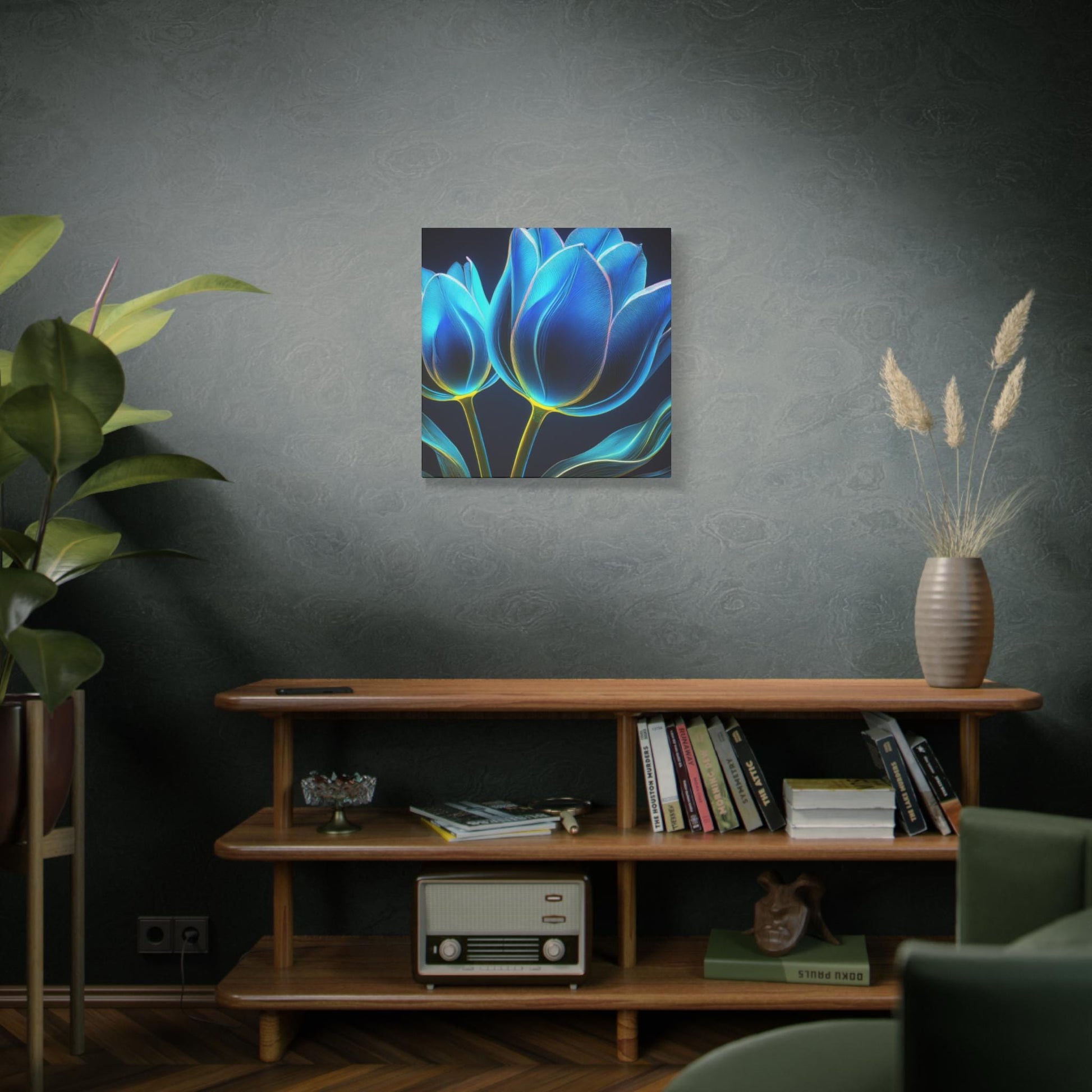 Bold Blue Tulip Canvas Wall Art, Flower Print Decor, Home Gallery Display, Gift for Flower Lovers, Halo Butterfly, Colorful Floral Artwork