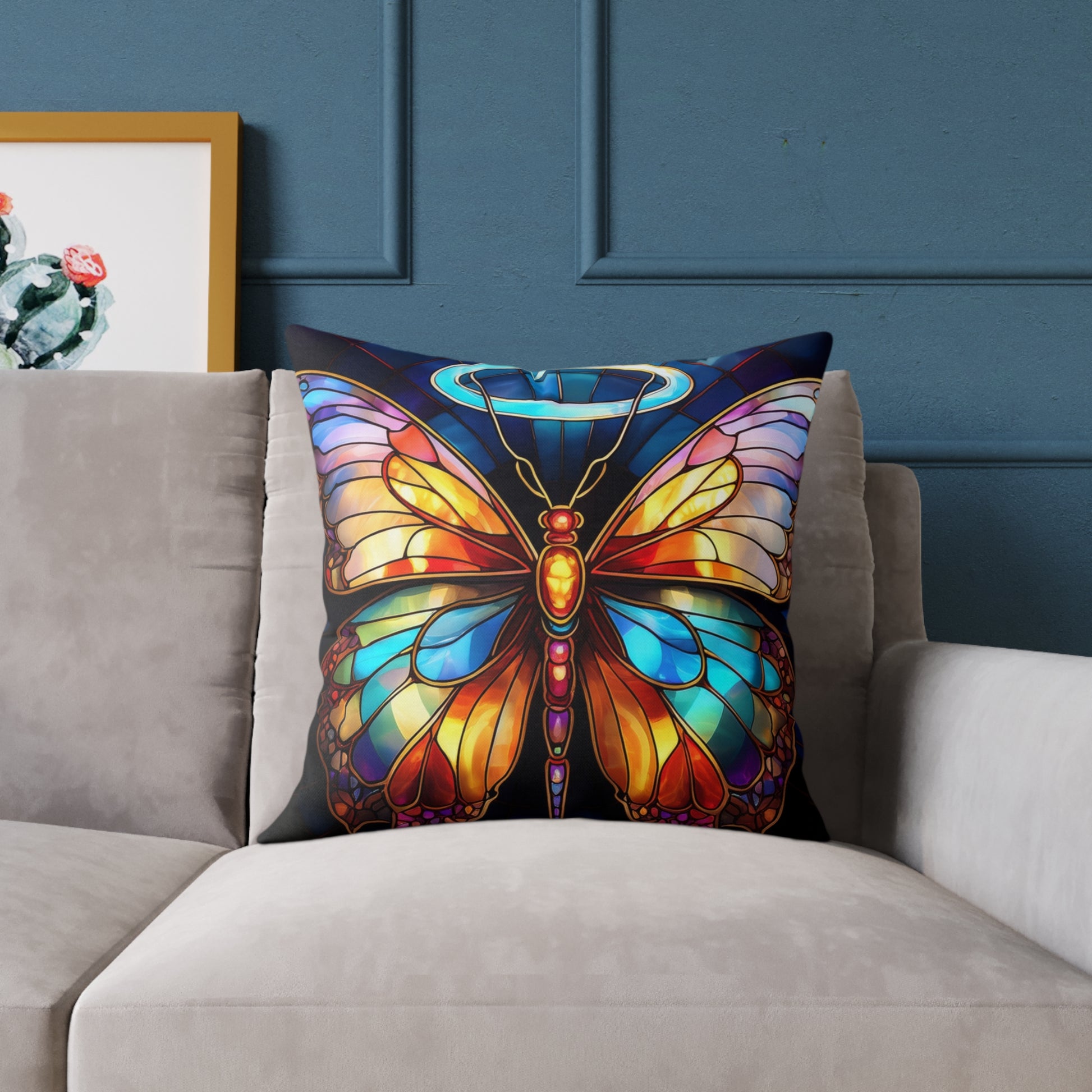 Colorful Halo Butterfly Stained Glass Pillow, Home Decor, Gift for Nature Lovers, Boho Style Cushion, Living Room Accent, Butterfly Art