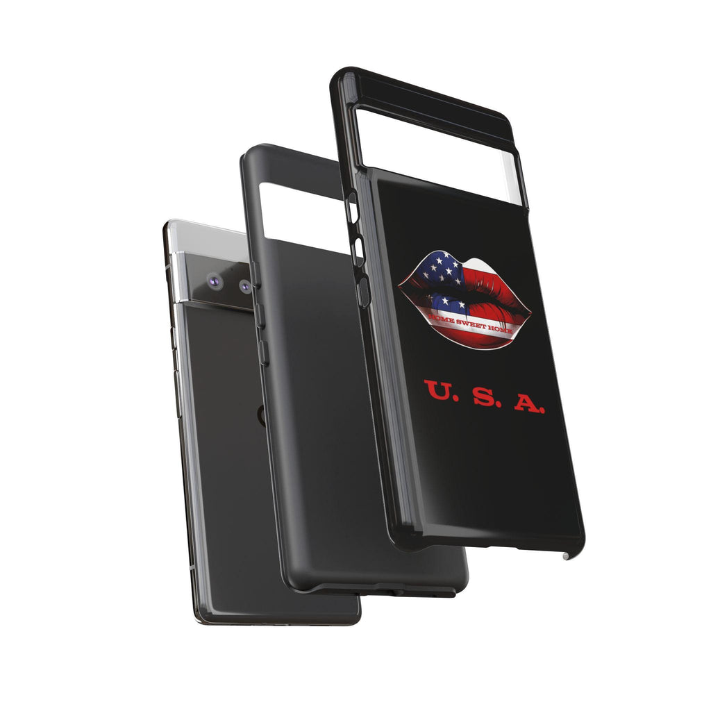 Patriotic Lips Home Sweet Home USA Phone Case with USA Design, American Flag Kiss Lip Graphic, Gift for Veterans, Halo Butterfly,