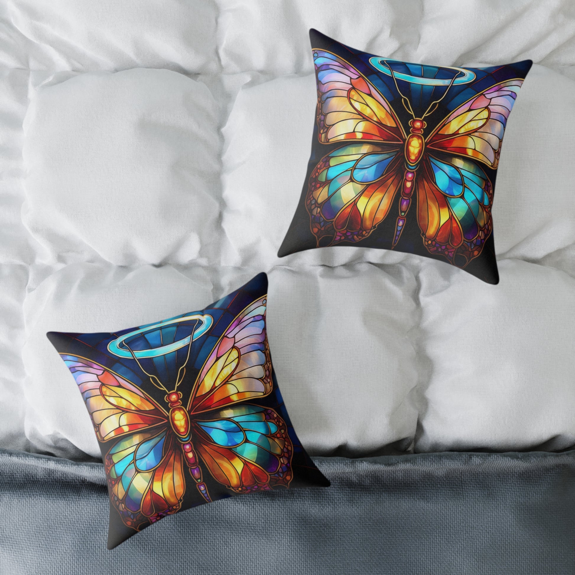 Colorful Halo Butterfly Stained Glass Pillow, Home Decor, Gift for Nature Lovers, Boho Style Cushion, Living Room Accent, Butterfly Art