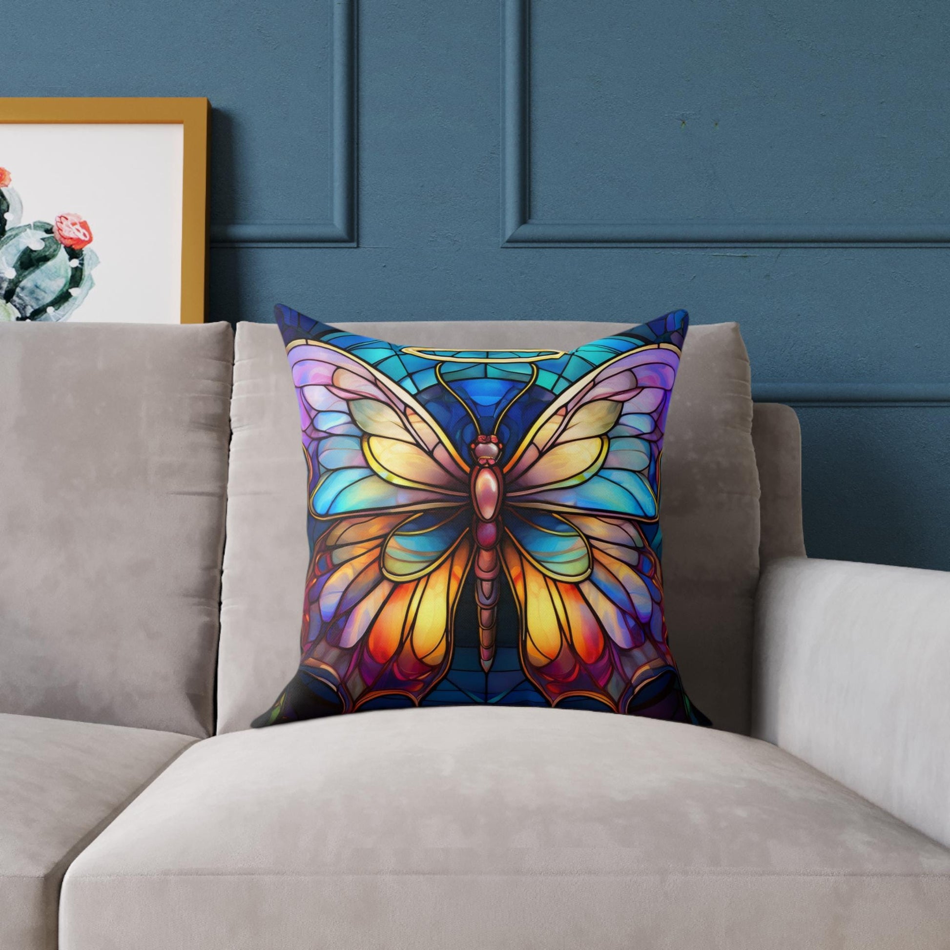 Colorful Halo Butterfly Stained Glass Pillow, Home Decor, Gift for Nature Lovers, Boho Style Cushion, Living Room Accent, Butterfly Art
