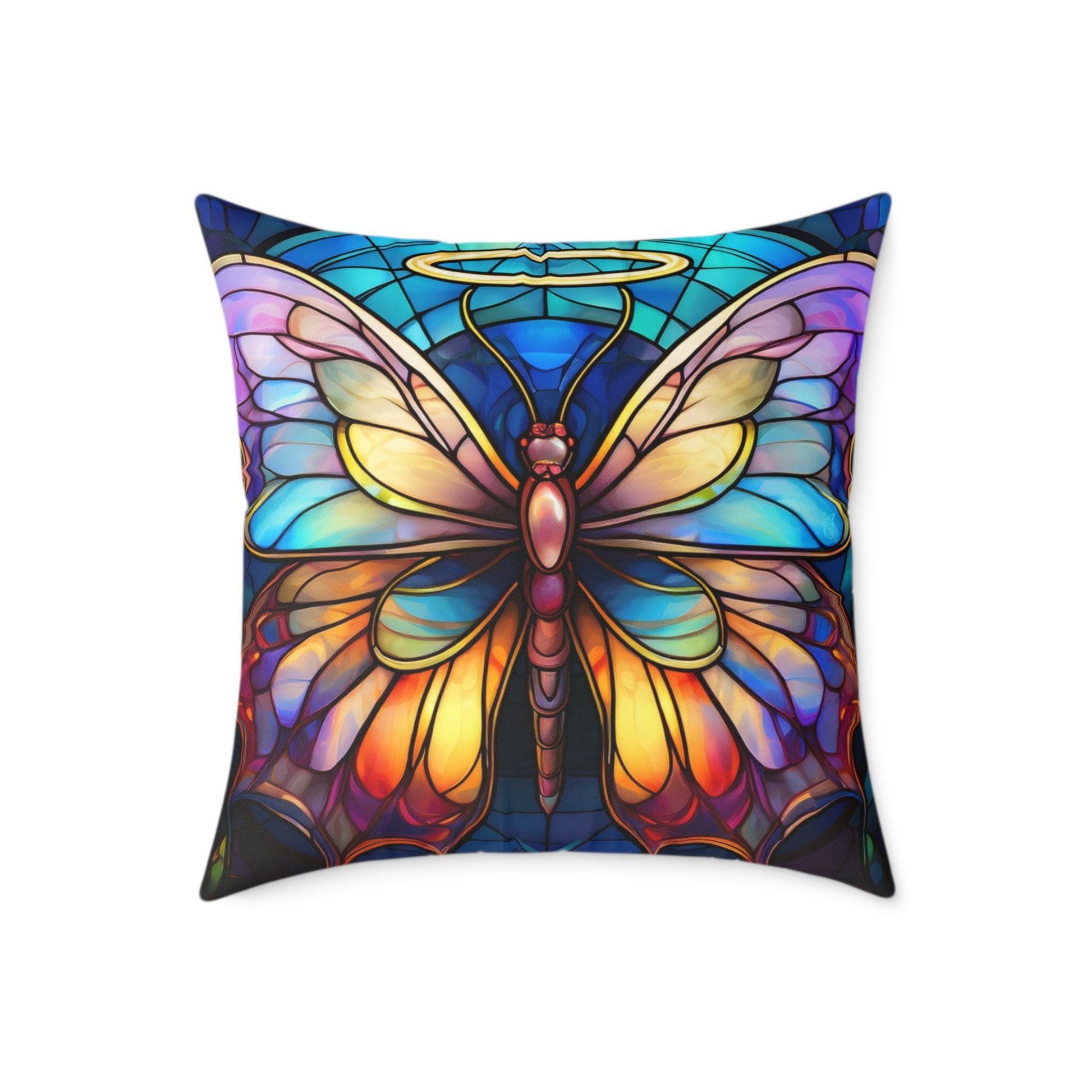 Colorful Halo Butterfly Stained Glass Pillow, Home Decor, Gift for Nature Lovers, Boho Style Cushion, Living Room Accent, Butterfly Art