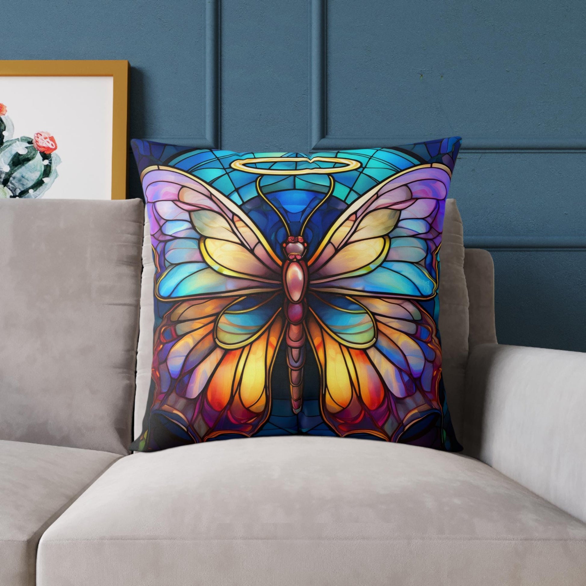 Colorful Halo Butterfly Stained Glass Pillow, Home Decor, Gift for Nature Lovers, Boho Style Cushion, Living Room Accent, Butterfly Art