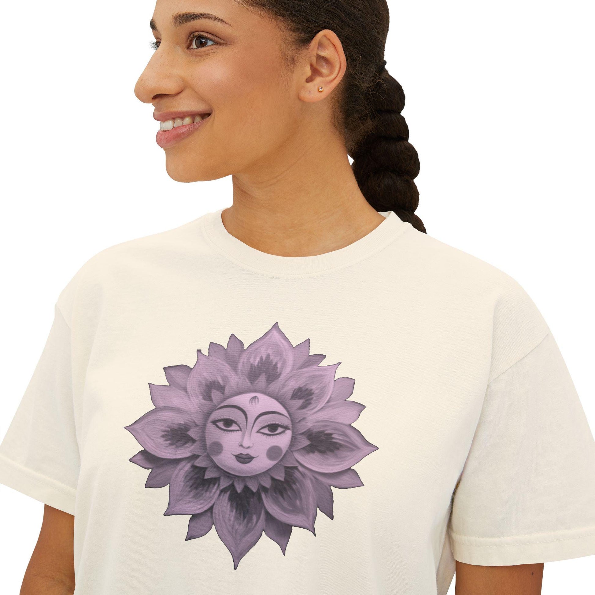 Boho Sun Flowers Graphic Boxy Tee - Relaxed Fit Women's Top, Casual Summer Outfit, Festival Wear, Gift for Her, Sun Lover Shirt