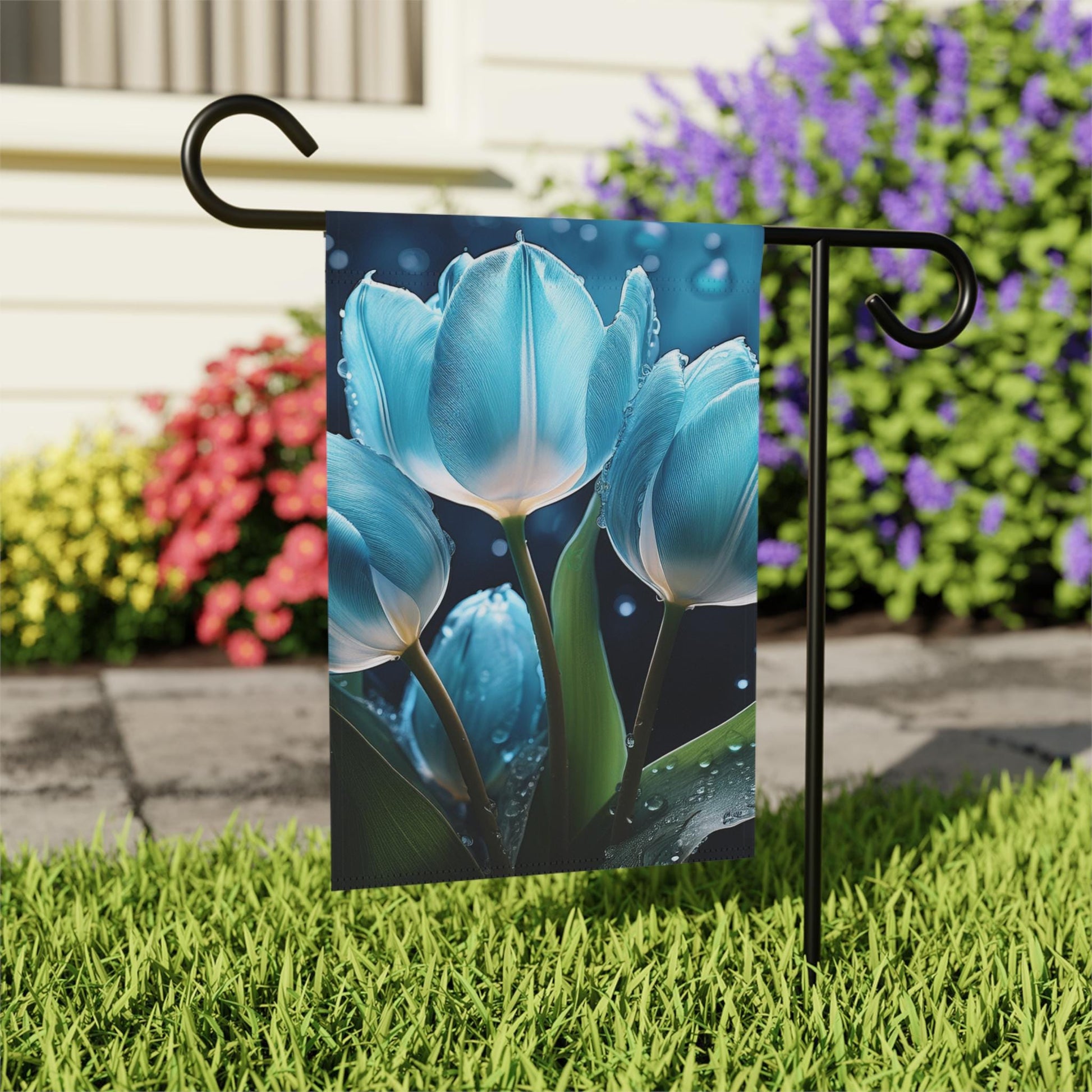 Chic Blue Tulip Garden Banner, Floral Outdoor Decor, Housewarming Gift, Spring Celebrations, Halo Butterfly, Yard Sign, Elegant Garden Art