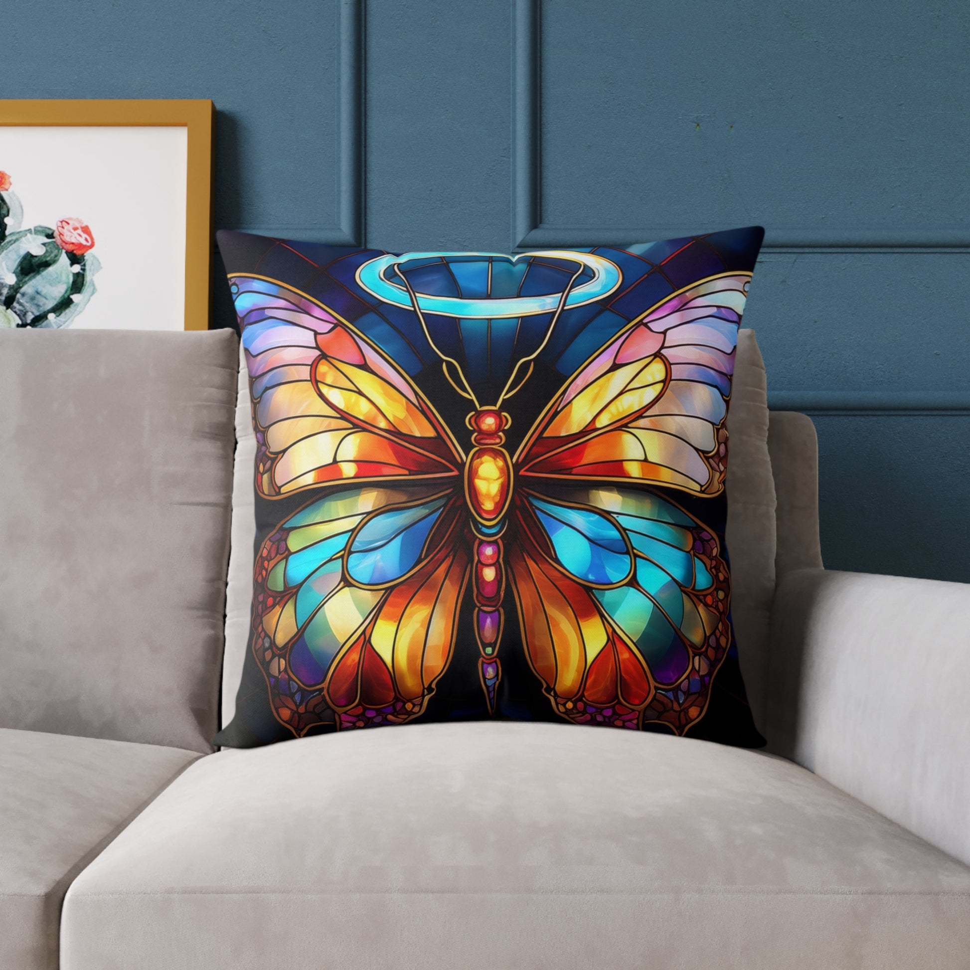 Colorful Halo Butterfly Stained Glass Pillow, Home Decor, Gift for Nature Lovers, Boho Style Cushion, Living Room Accent, Butterfly Art