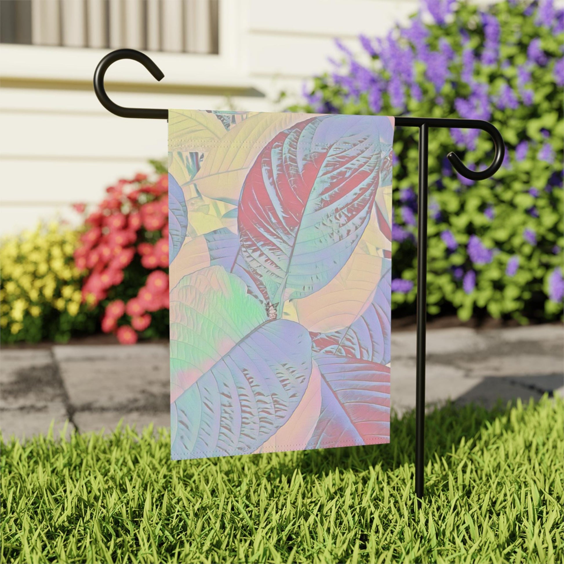 Colorful Botanical Leaves Garden & House Banner, Vibrant Garden Flag, Outdoor Decoration, Halo Butterfly, Nature Inspired Banner