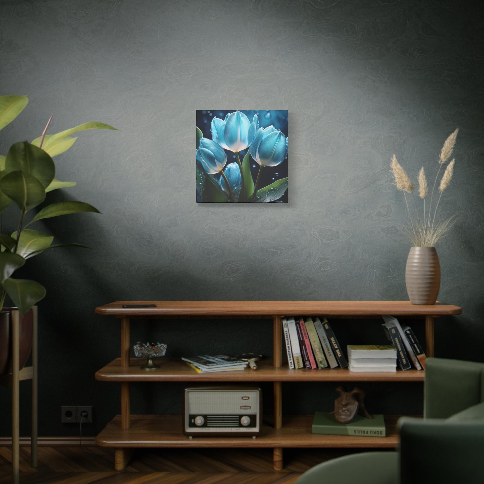 Beautiful Blue Tulip Canvas Art, Floral Wall Decor, Home Accents, Gift for Her, Nature Inspired Art, Halo Butterfly, Modern Flower Print