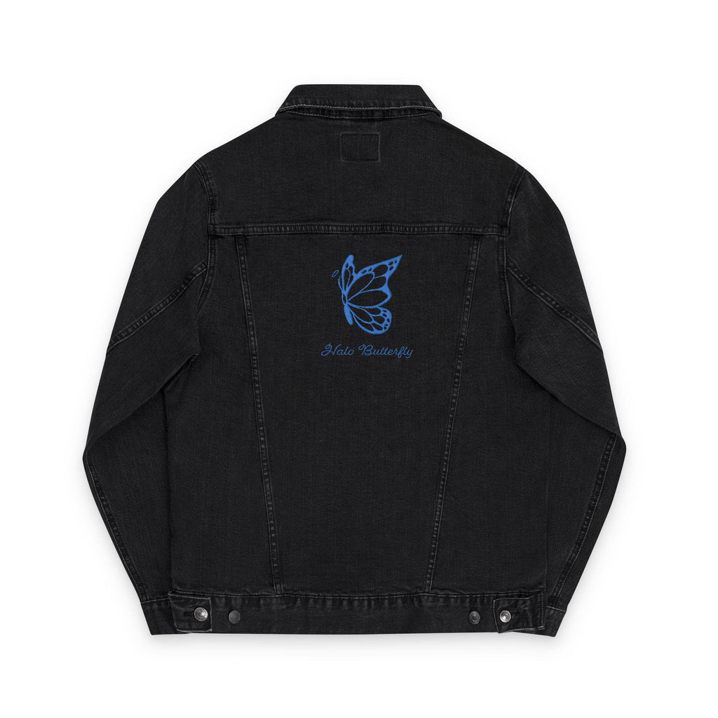 Halo Butterfly Logo Embroidered Unisex Denim Jacket with Butterfly Design, Casual Oversized Jacket, Streetwear Style, Trendy Outerwear