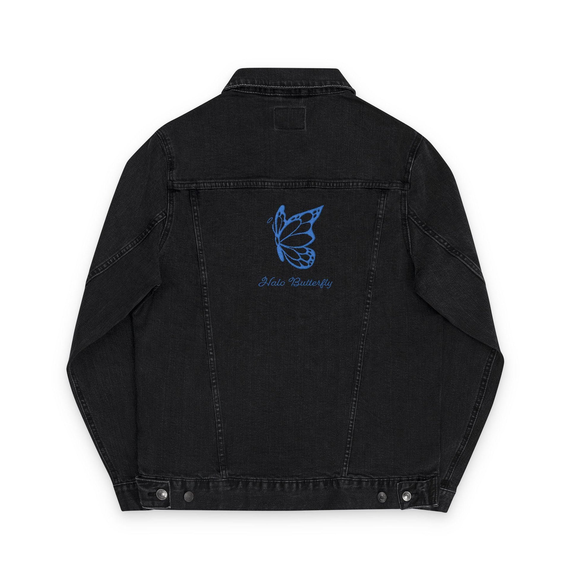 Halo Butterfly Logo Embroidered Unisex Denim Jacket with Butterfly Design, Casual Oversized Jacket, Streetwear Style, Trendy Outerwear