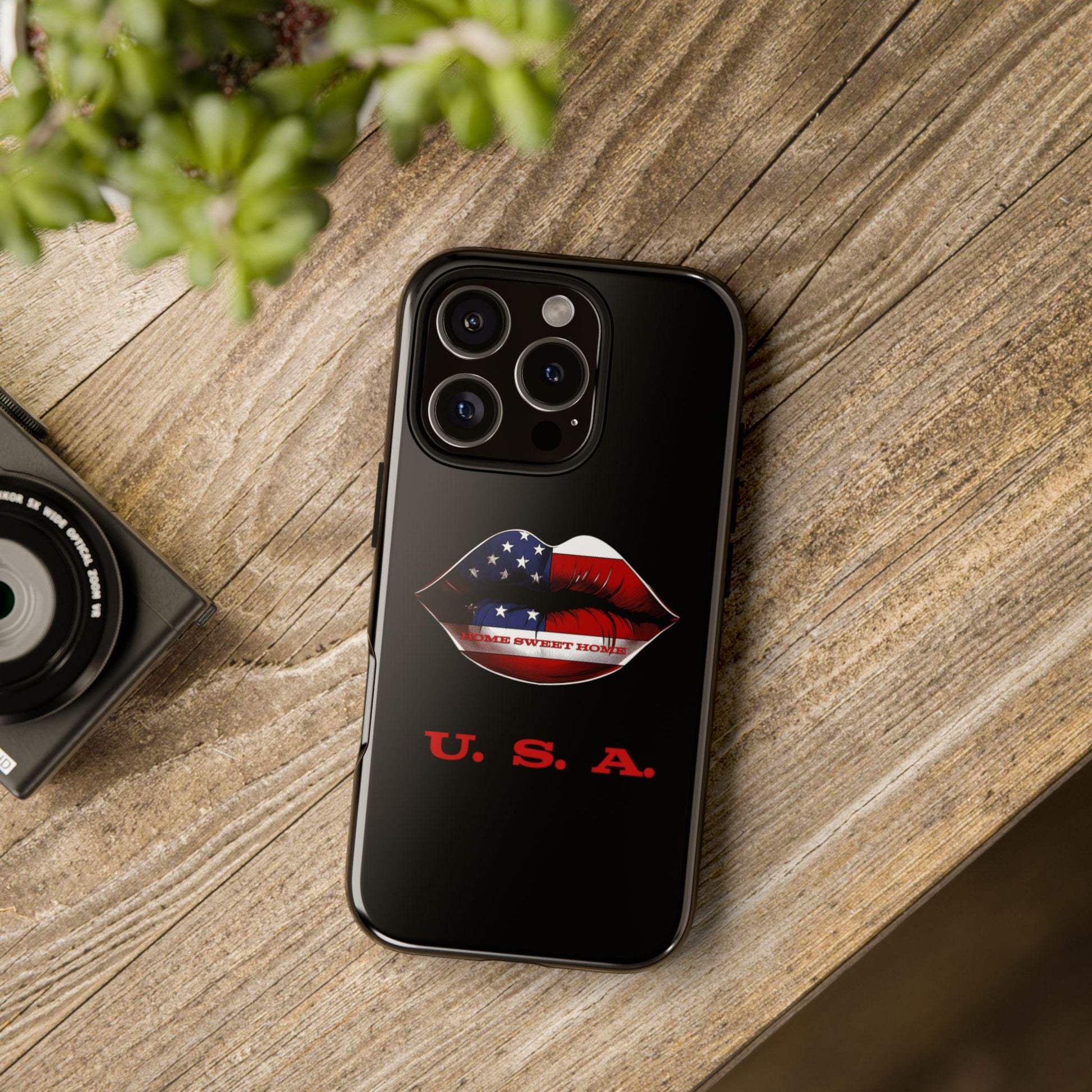 Patriotic Lips Home Sweet Home USA Phone Case with USA Design, American Flag Kiss Lip Graphic, Gift for Veterans, Halo Butterfly,