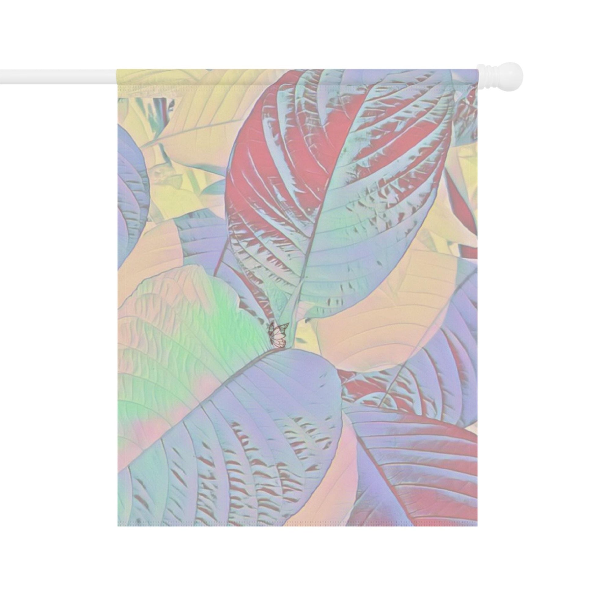 Colorful Botanical Leaves Garden & House Banner, Vibrant Garden Flag, Outdoor Decoration, Halo Butterfly, Nature Inspired Banner