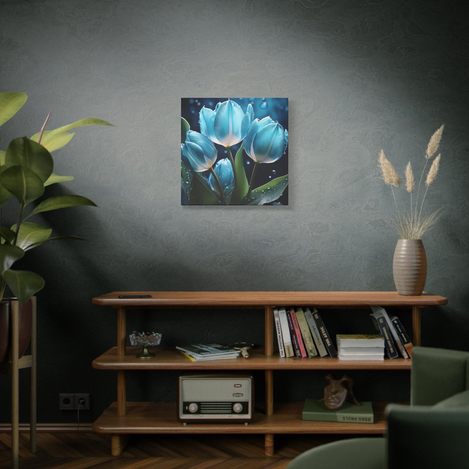Beautiful Blue Tulip Canvas Art, Floral Wall Decor, Home Accents, Gift for Her, Nature Inspired Art, Halo Butterfly, Modern Flower Print