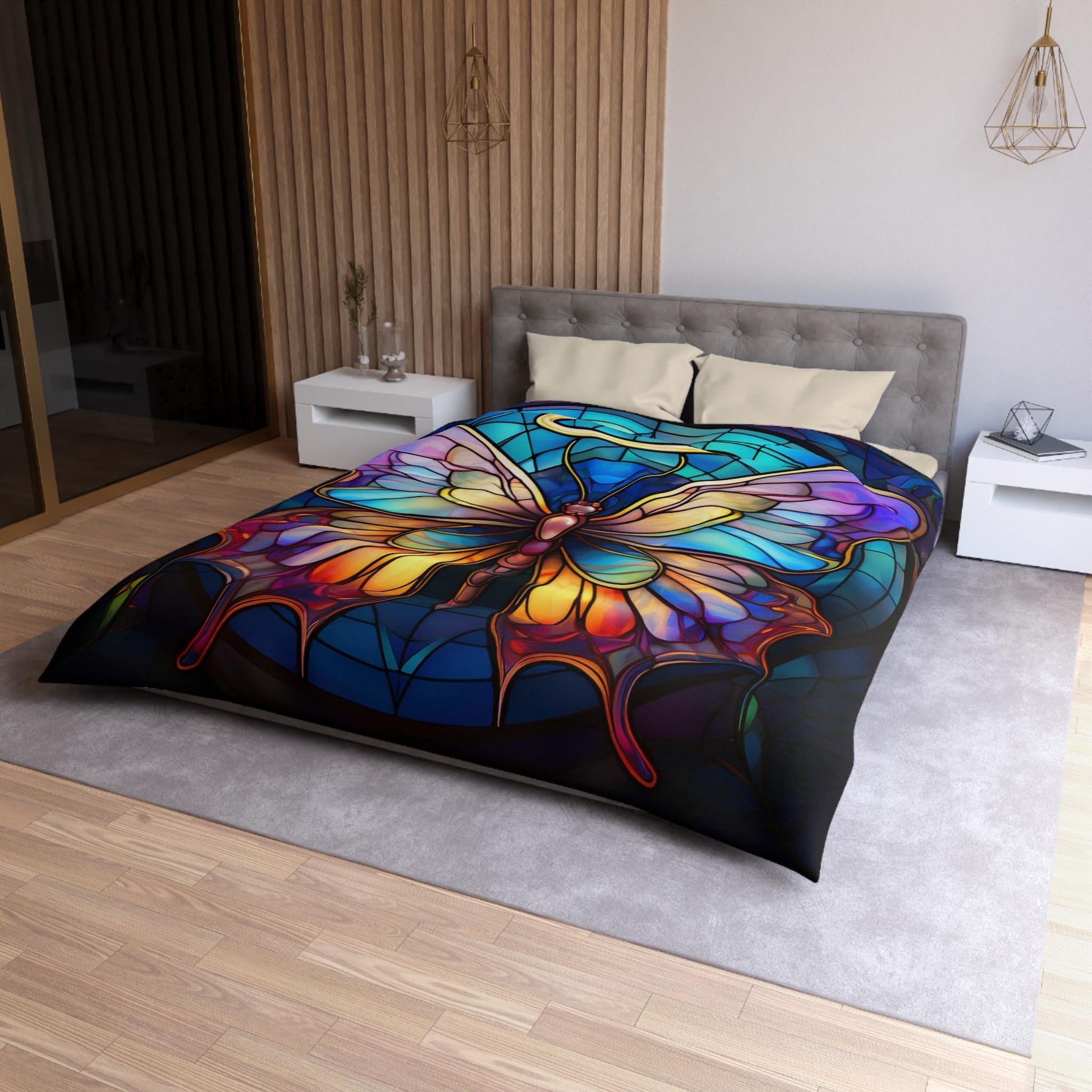 Colorful Halo Butterfly Stained Glass Microfiber Duvet Cover, Bedroom Decor, Bohemian Bedding, Gift for Nature Lovers, Unique Home Decor