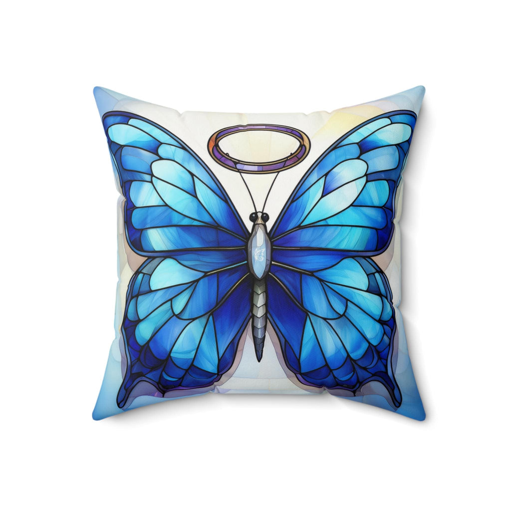 Blue Stained Glass Halo Butterfly Faux Suede Square Pillow Decorative Cushion, Cozy Home Accent, Butterfly Decor, Modern Sofa Pillow