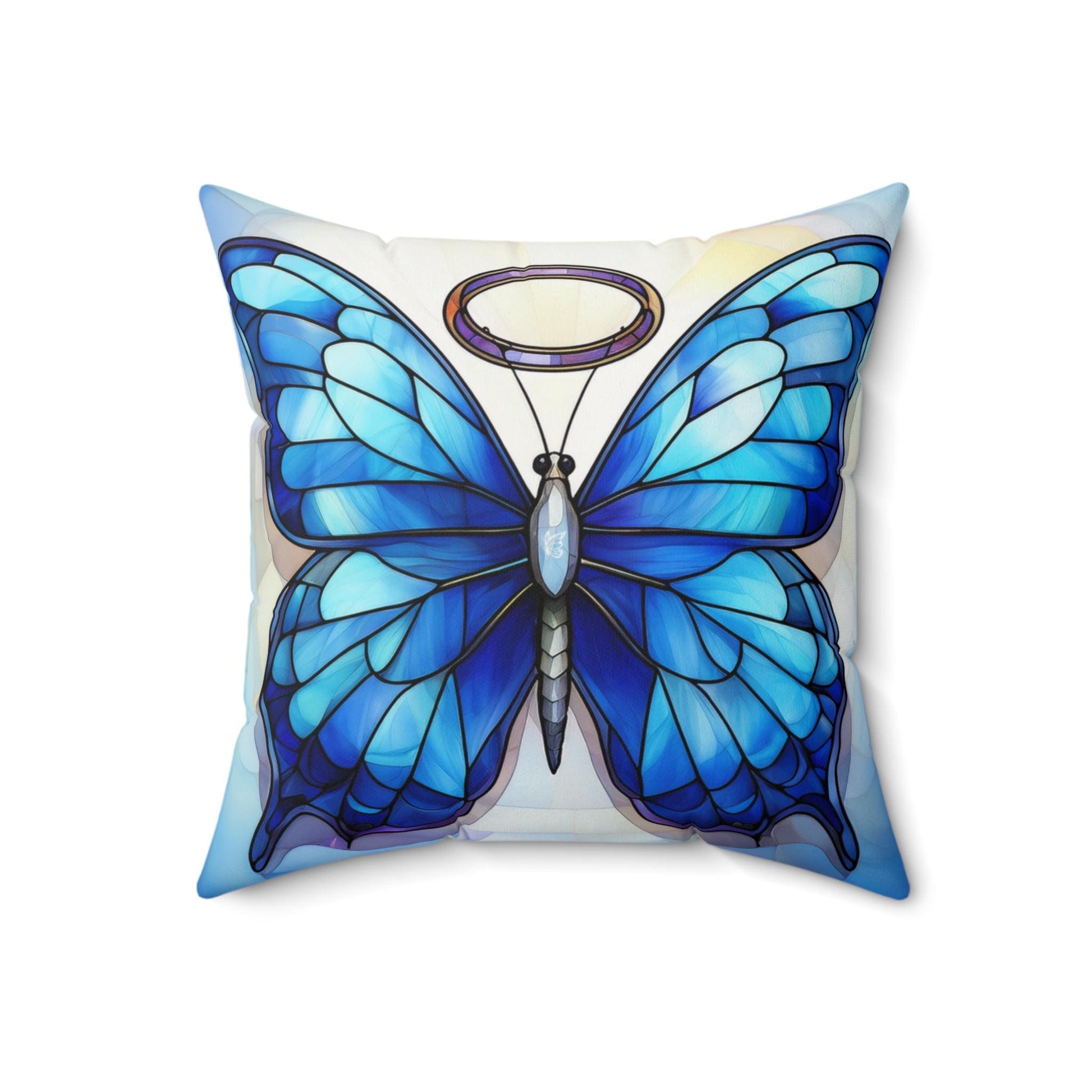 Blue Stained Glass Halo Butterfly Faux Suede Square Pillow Decorative Cushion, Cozy Home Accent, Butterfly Decor, Modern Sofa Pillow