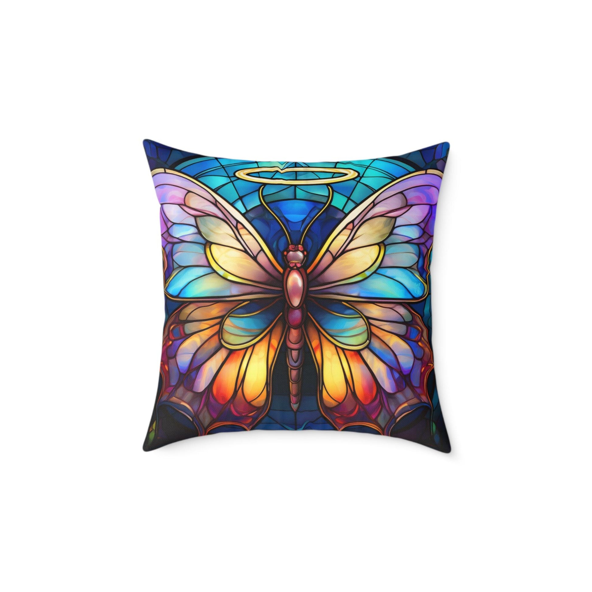 Colorful Halo Butterfly Stained Glass Pillow, Home Decor, Gift for Nature Lovers, Boho Style Cushion, Living Room Accent, Butterfly Art