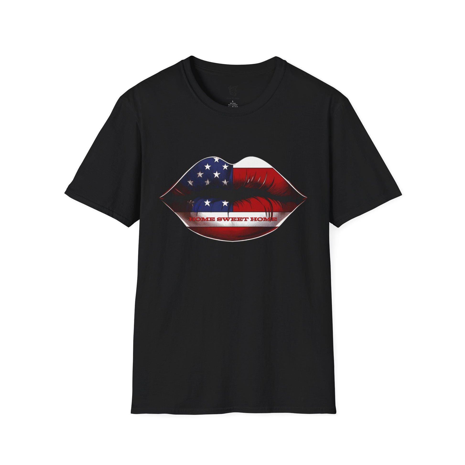 Patriotic U.S.A. Lip Home Sweet Home - Unisex Softstyle T-Shirt, USA Pride Shirt, Made in America Tee, Halo Butterfly,  Independence Vintage