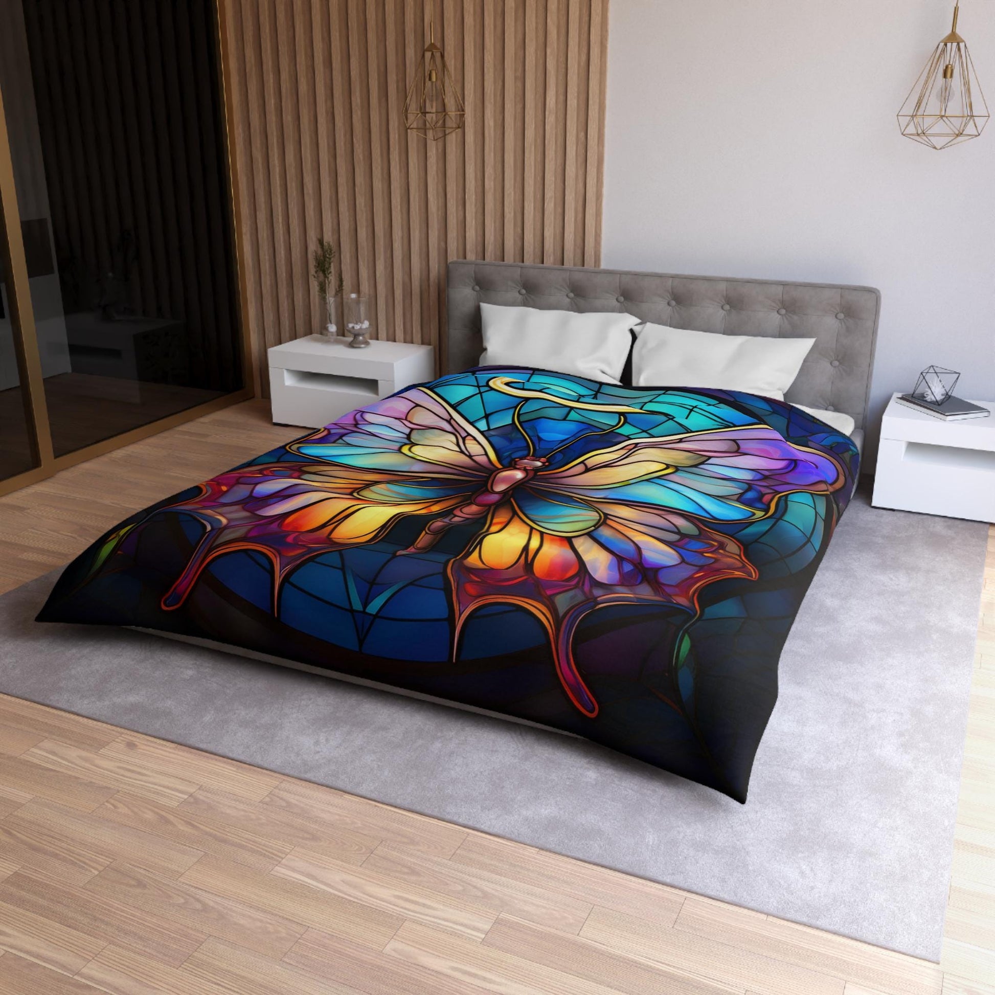 Colorful Halo Butterfly Stained Glass Microfiber Duvet Cover, Bedroom Decor, Bohemian Bedding, Gift for Nature Lovers, Unique Home Decor