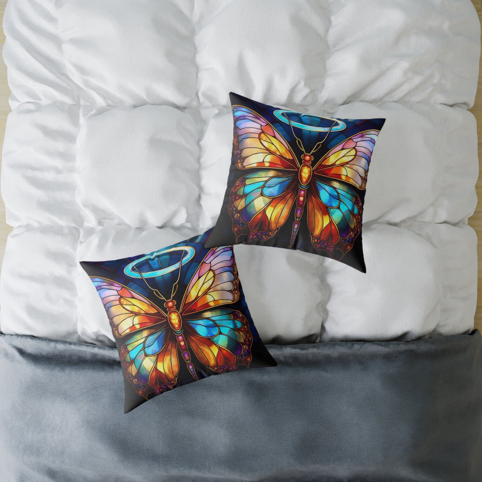 Colorful Halo Butterfly Stained Glass Pillow, Home Decor, Gift for Nature Lovers, Boho Style Cushion, Living Room Accent, Butterfly Art
