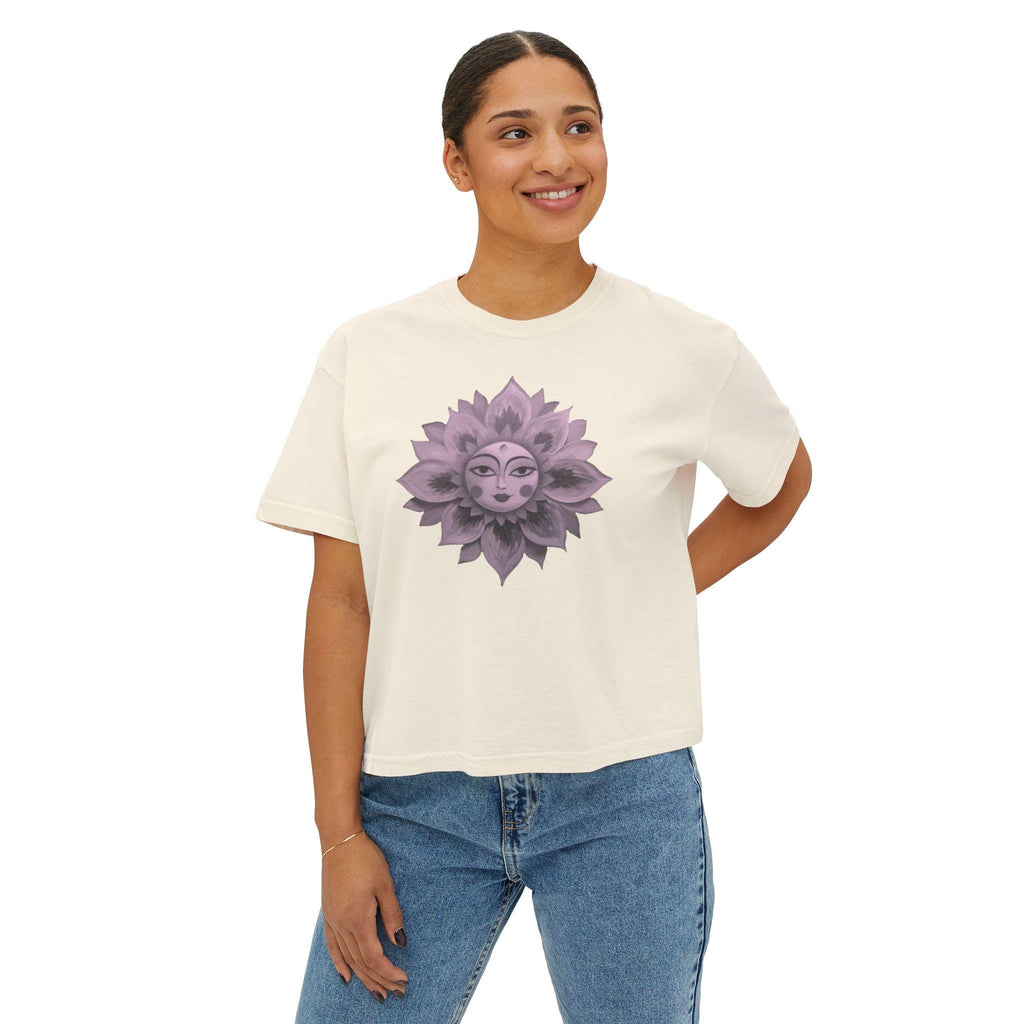 Boho Sun Flowers Graphic Boxy Tee - Relaxed Fit Women's Top, Casual Summer Outfit, Festival Wear, Gift for Her, Sun Lover Shirt