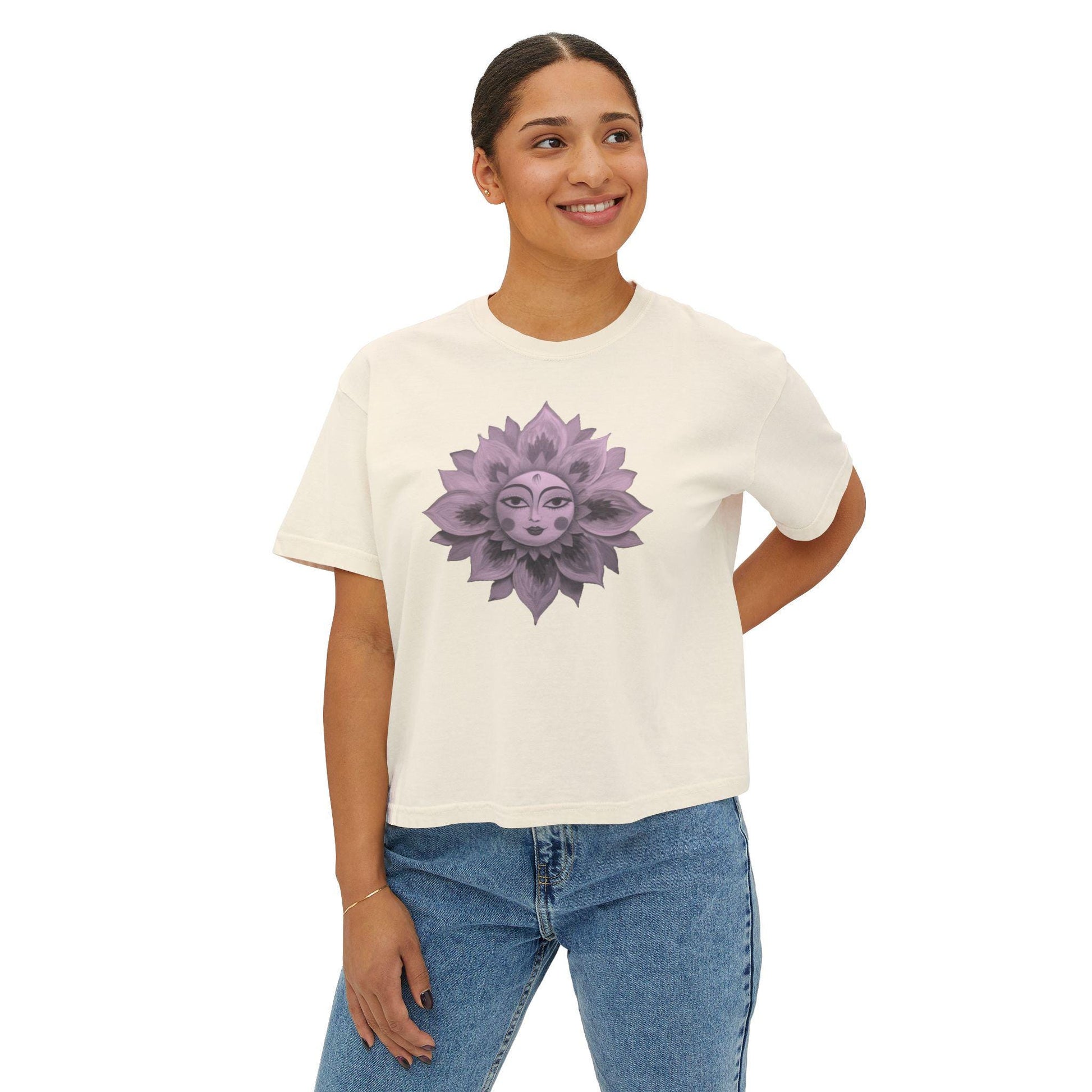 Boho Sun Flowers Graphic Boxy Tee - Relaxed Fit Women's Top, Casual Summer Outfit, Festival Wear, Gift for Her, Sun Lover Shirt