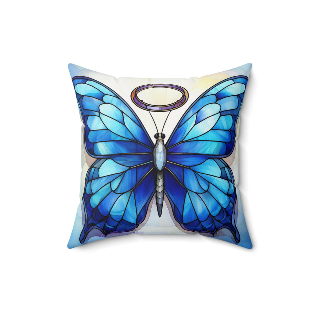 Blue Stained Glass Halo Butterfly Faux Suede Square Pillow Decorative Cushion, Cozy Home Accent, Butterfly Decor, Modern Sofa Pillow