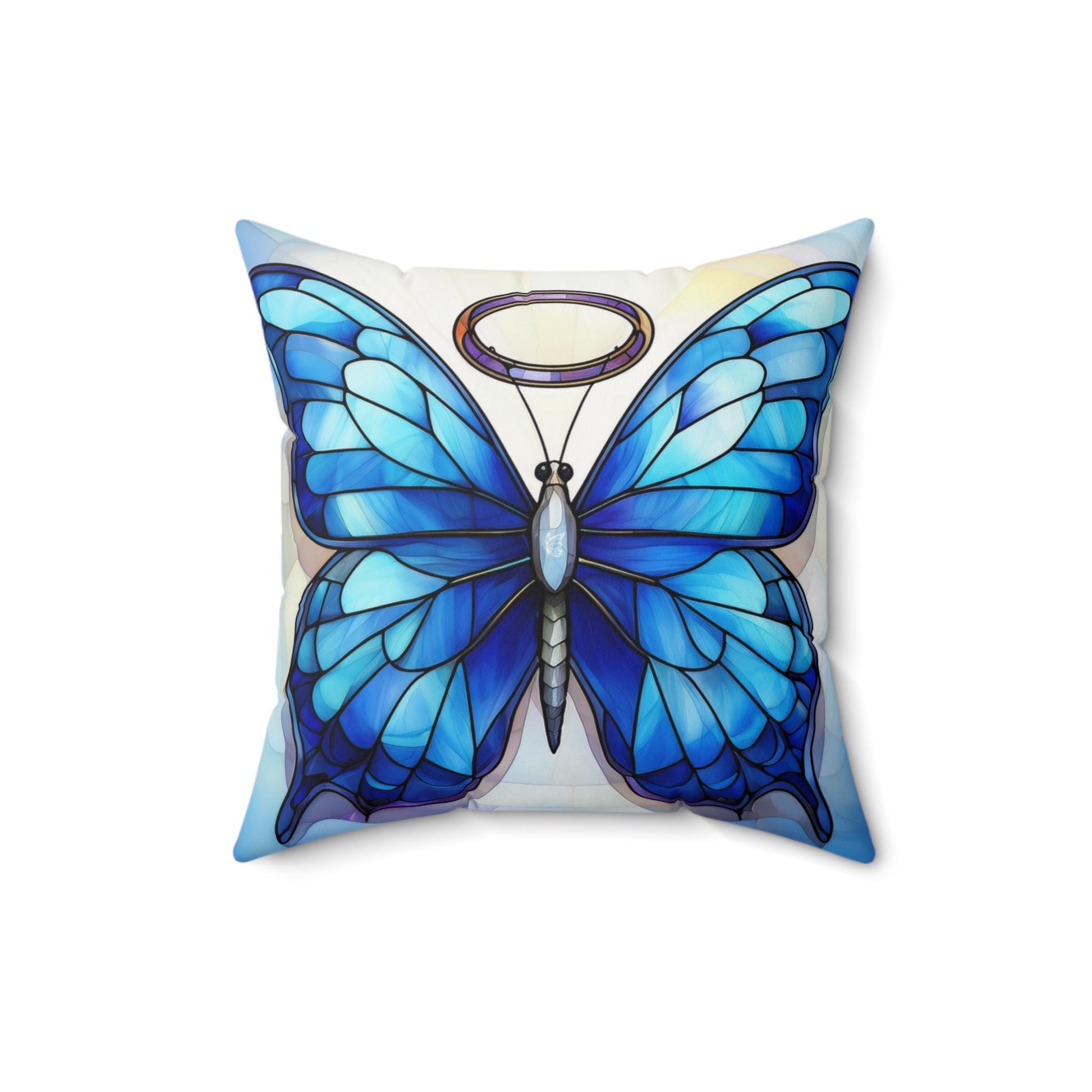 Blue Stained Glass Halo Butterfly Faux Suede Square Pillow Decorative Cushion, Cozy Home Accent, Butterfly Decor, Modern Sofa Pillow