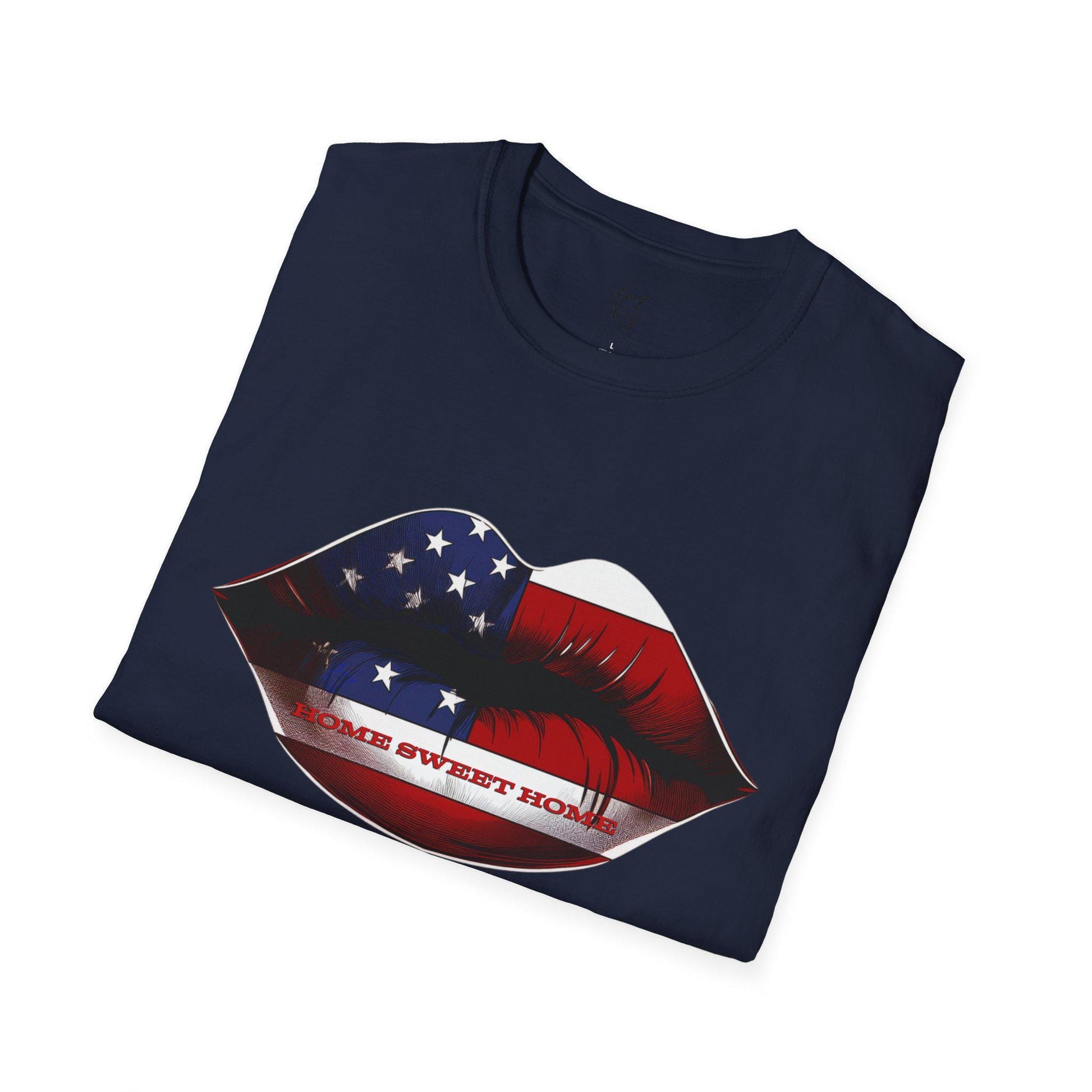 Patriotic U.S.A. Lip Home Sweet Home - Unisex Softstyle T-Shirt, USA Pride Shirt, Made in America Tee, Halo Butterfly,  Independence Vintage