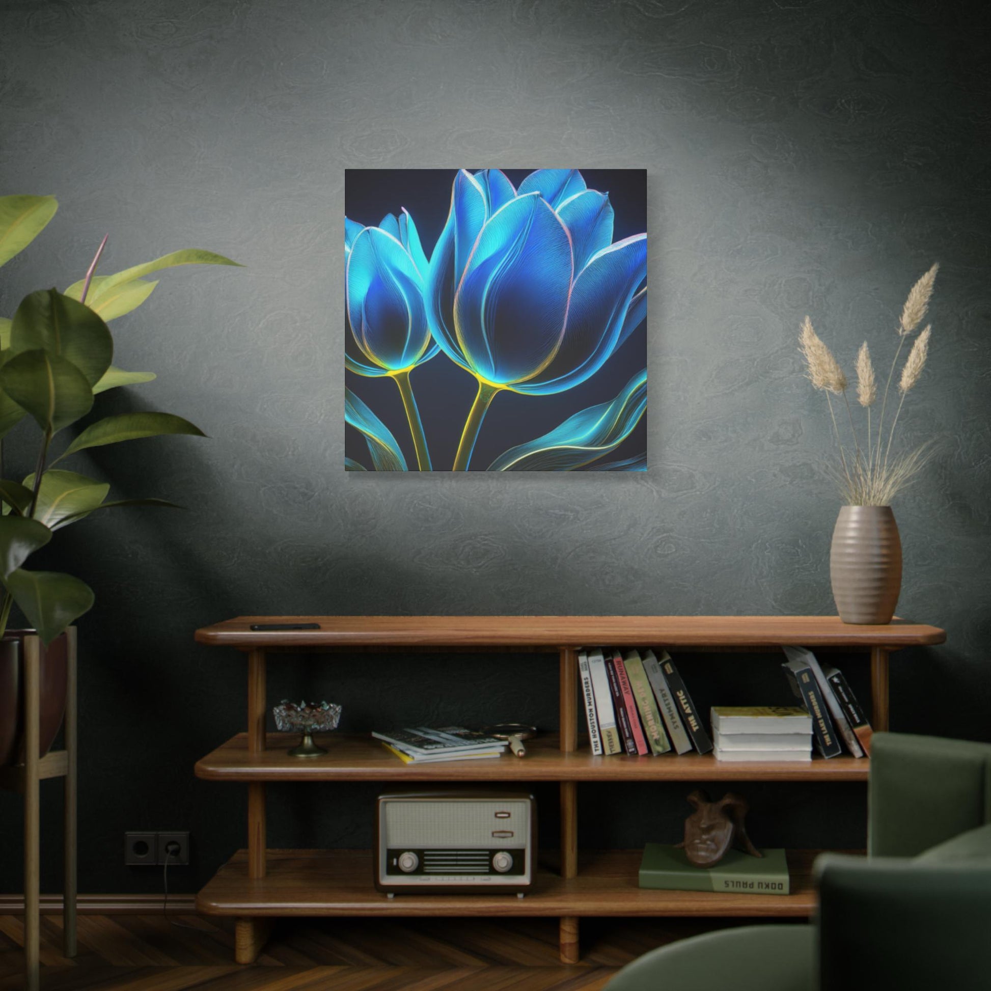 Bold Blue Tulip Canvas Wall Art, Flower Print Decor, Home Gallery Display, Gift for Flower Lovers, Halo Butterfly, Colorful Floral Artwork