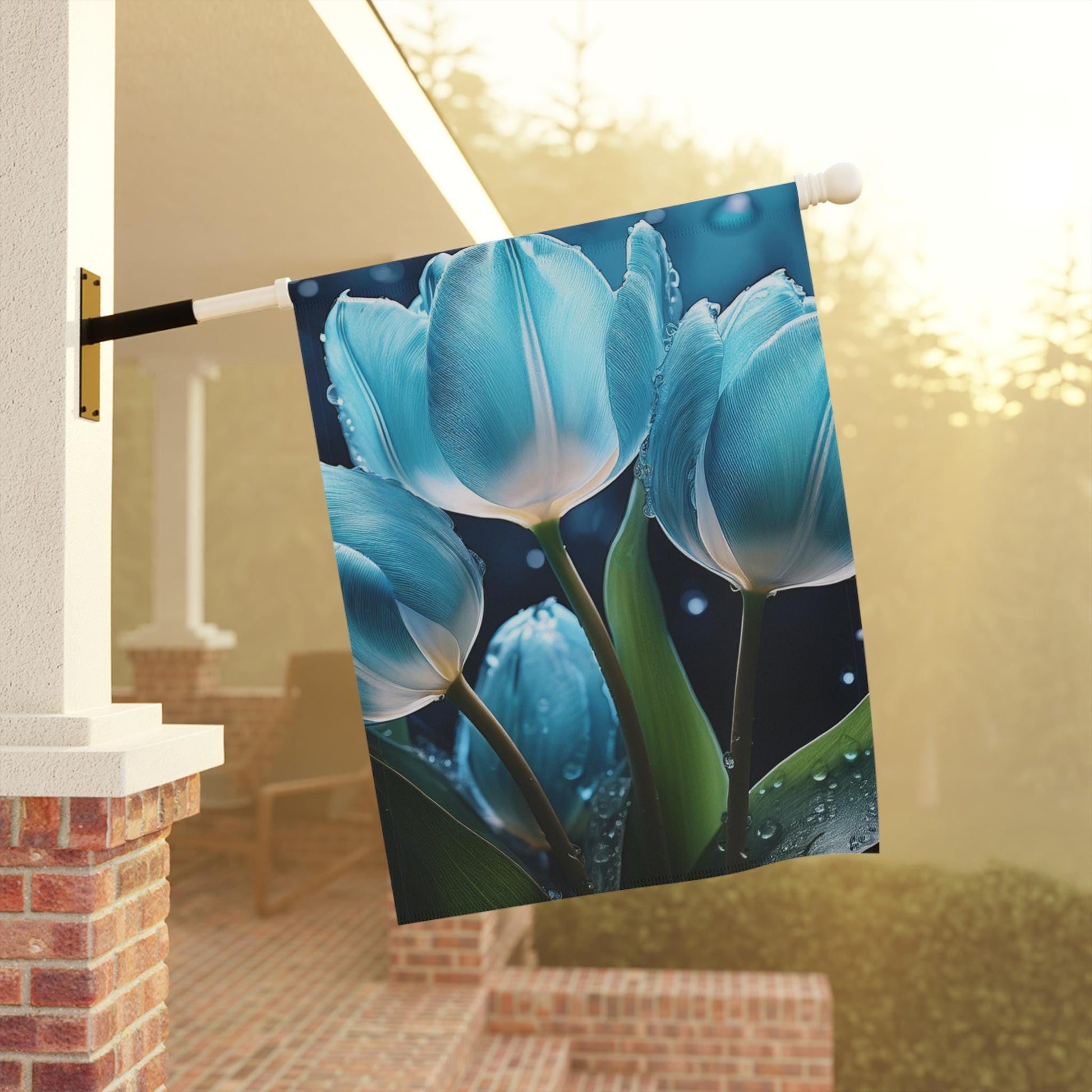 Chic Blue Tulip Garden Banner, Floral Outdoor Decor, Housewarming Gift, Spring Celebrations, Halo Butterfly, Yard Sign, Elegant Garden Art